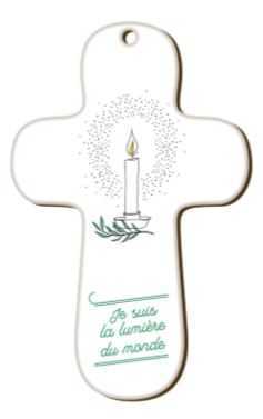 Croix blanche en bois imprimée Je suis la lumière du monde