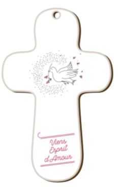 Croix blanche en bois imprimée Viens Esprit d'Amour