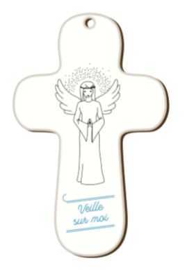 Croix blanche en bois imprimée Veille sur moi