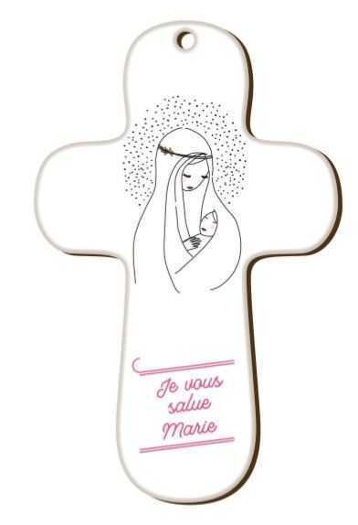Croix blanche en bois imprimée Je vous salue Marie