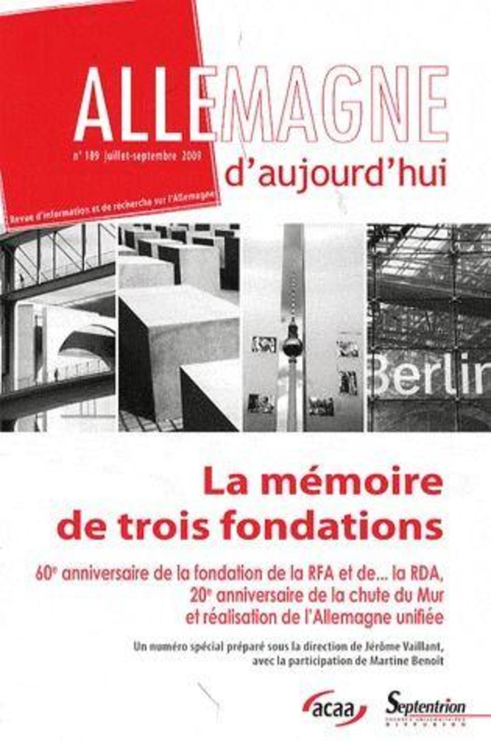 Allemagne d''aujourd''hui, n°189/juillet - septembre 2009