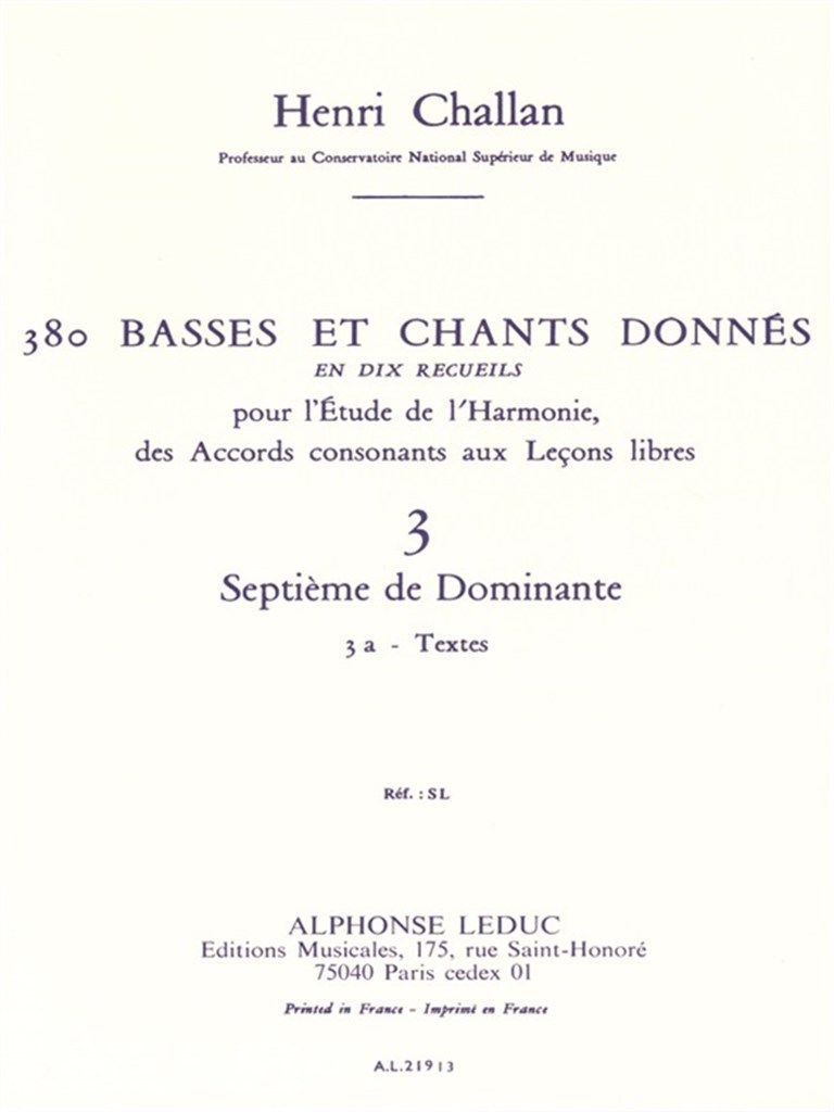 HENRI CHALLAN: 380 BASSES ET CHANTS DONNES - VOLUME 3A (SEPTIEMES DE DOMINANTE)