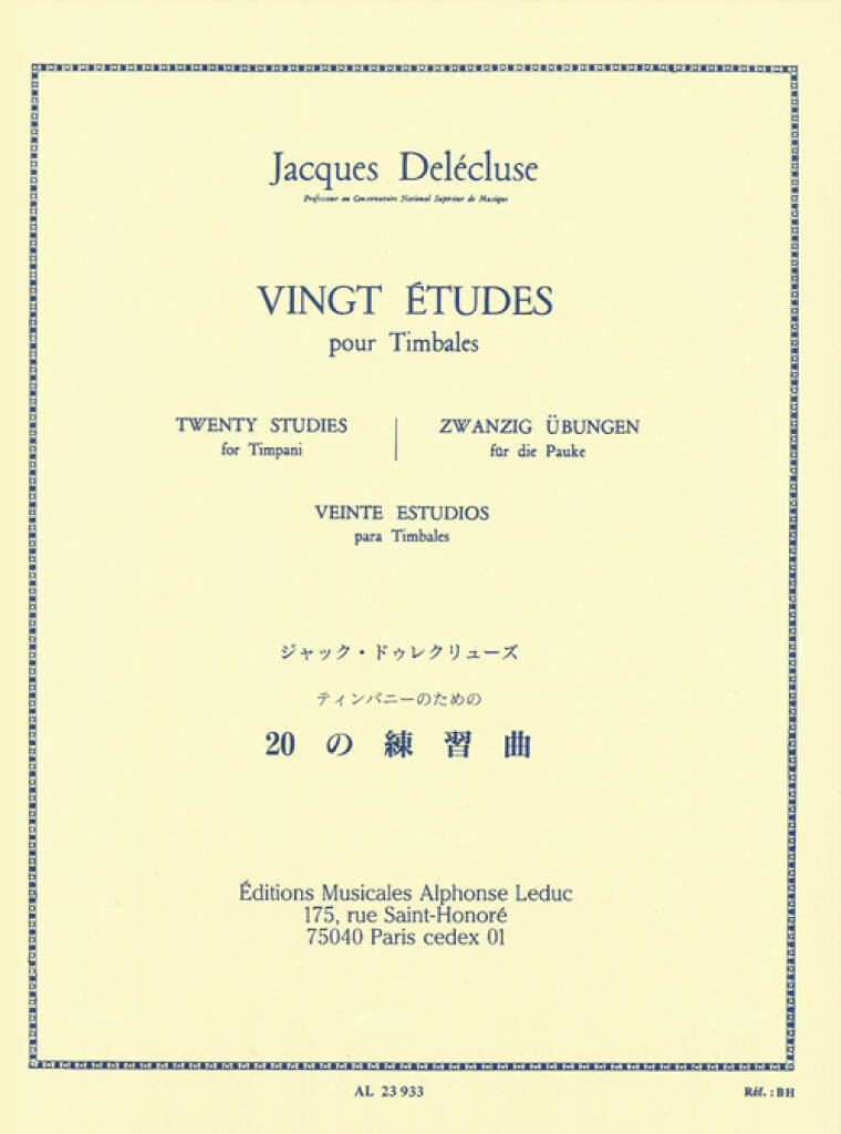 JACQUES DELECLUSE : 20 ETUDES POUR TIMBALES