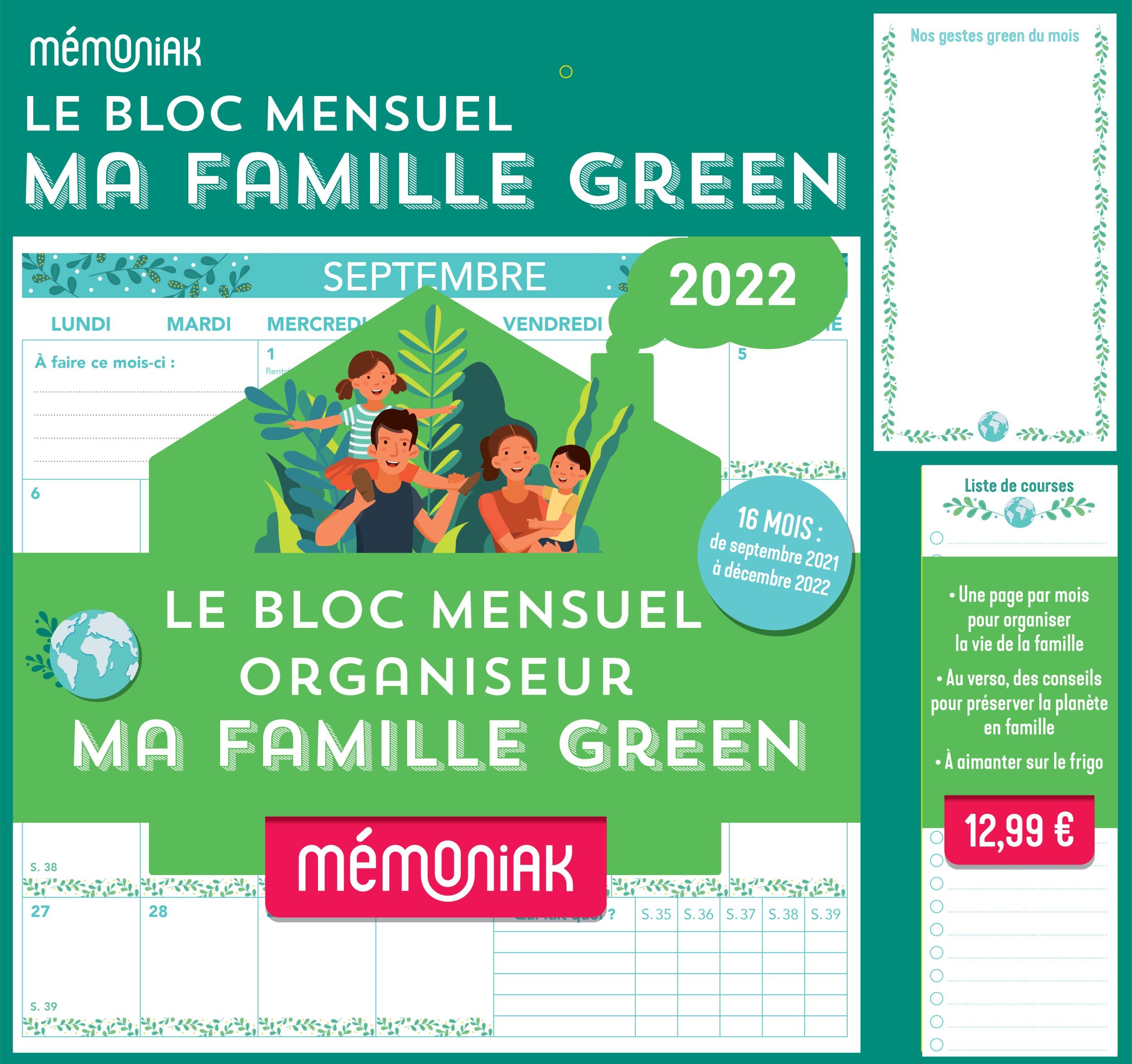 Le bloc mensuel organiseur Ma famille green Mémoniak 2021-2022   à aimanter sur le frigo