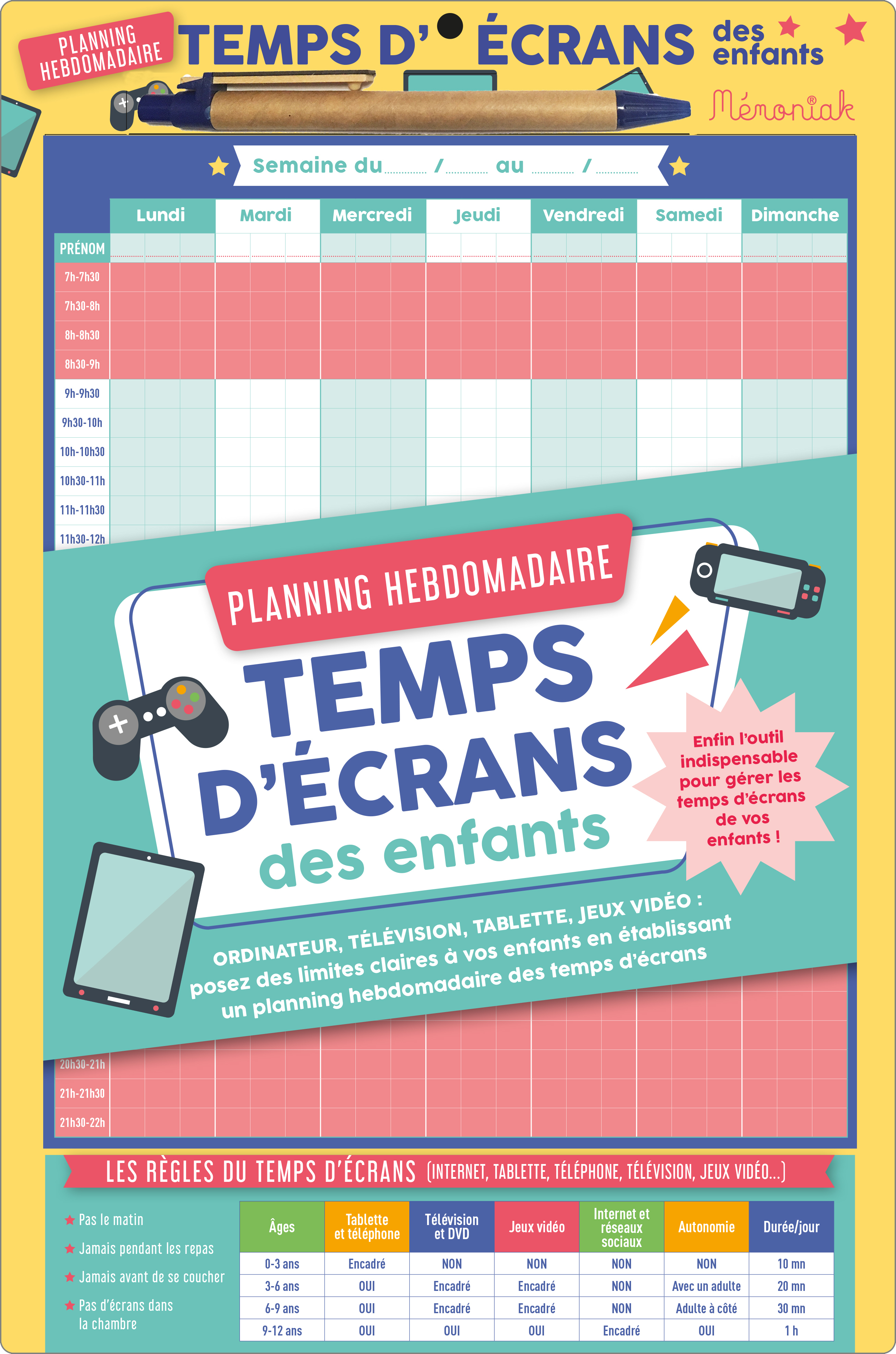 Planning hebdomadaire temps d'écrans des enfants Mémoniak 2020