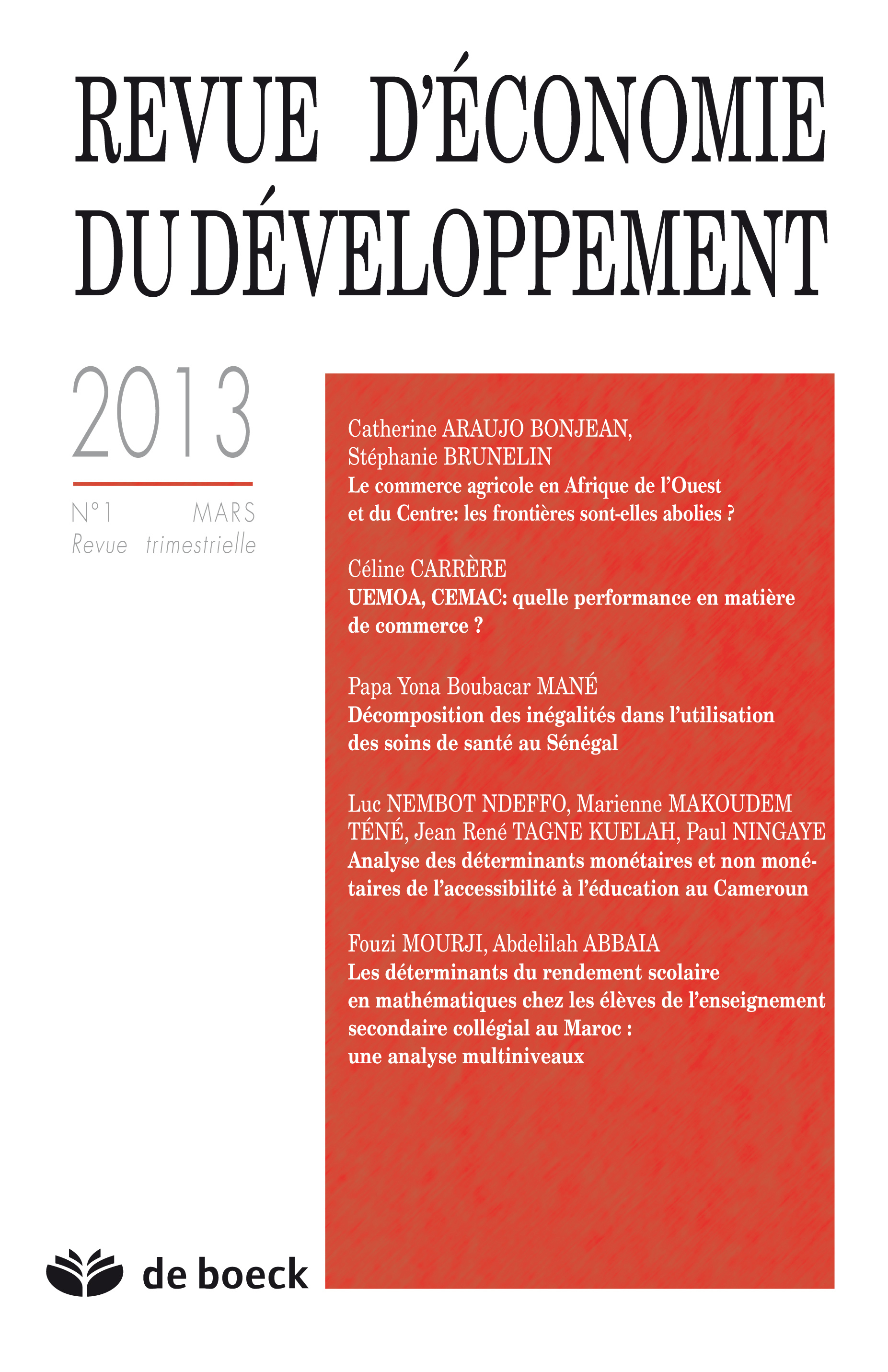 REVUE D'ECONOMIE ECONOMIE DU DEVELOPPEMENT 2013/1