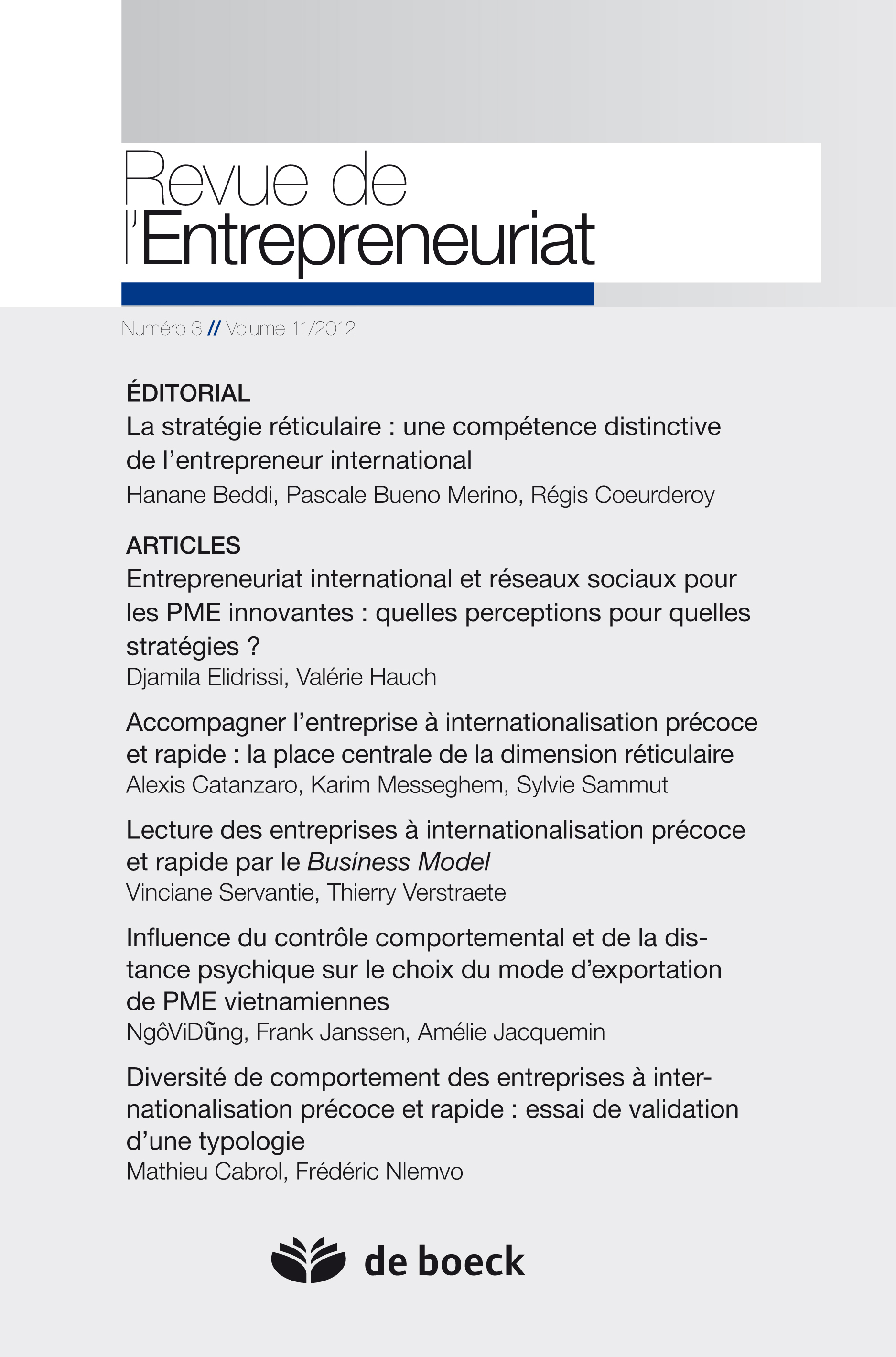 REVUE DE L'ENTREPRENEURIAT 2012/3 VOLUME 11