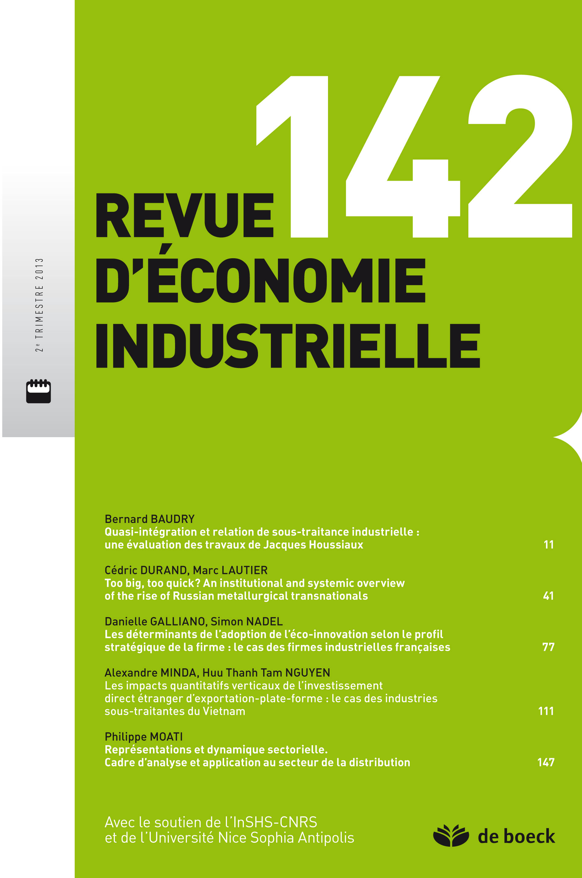 REVUE D'ECONOMIE INDUSTRIELLE N.142 2013/2