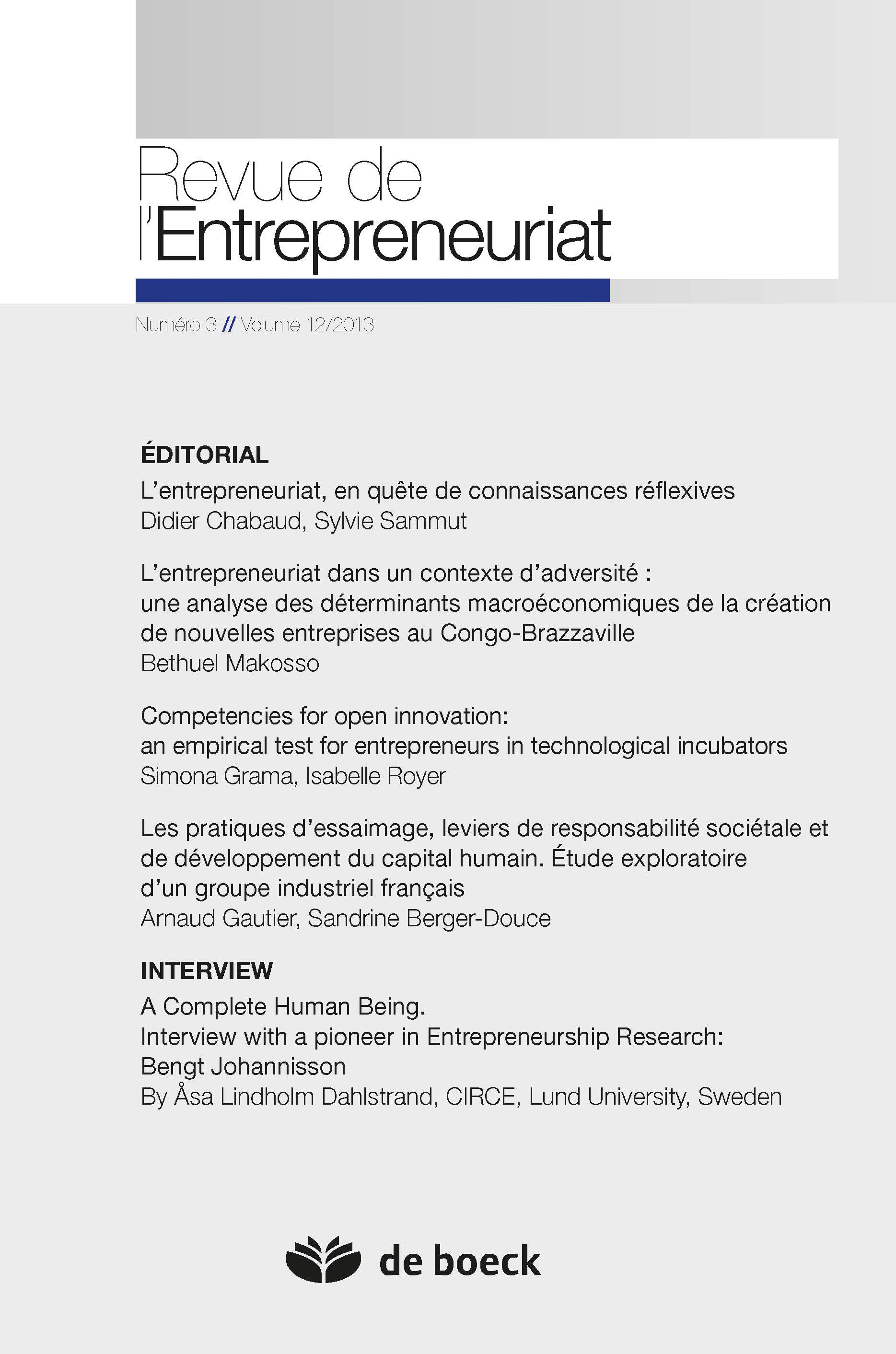 REVUE DE L'ENTREPRENEURIAT 2013/3 VOLUME 12