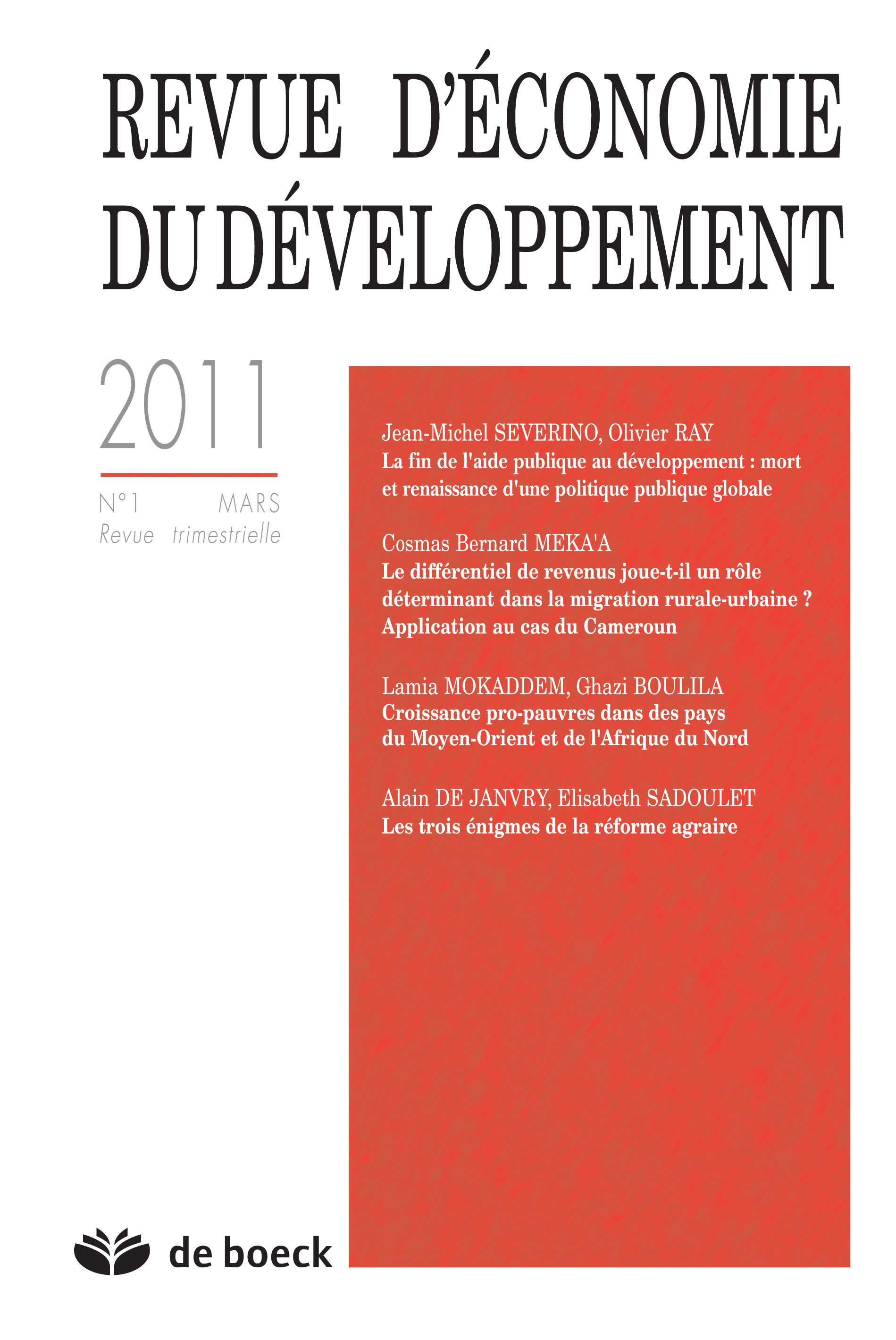 REVUE D'ECONOMIE DU DEVELOPPEMENT 2011/1