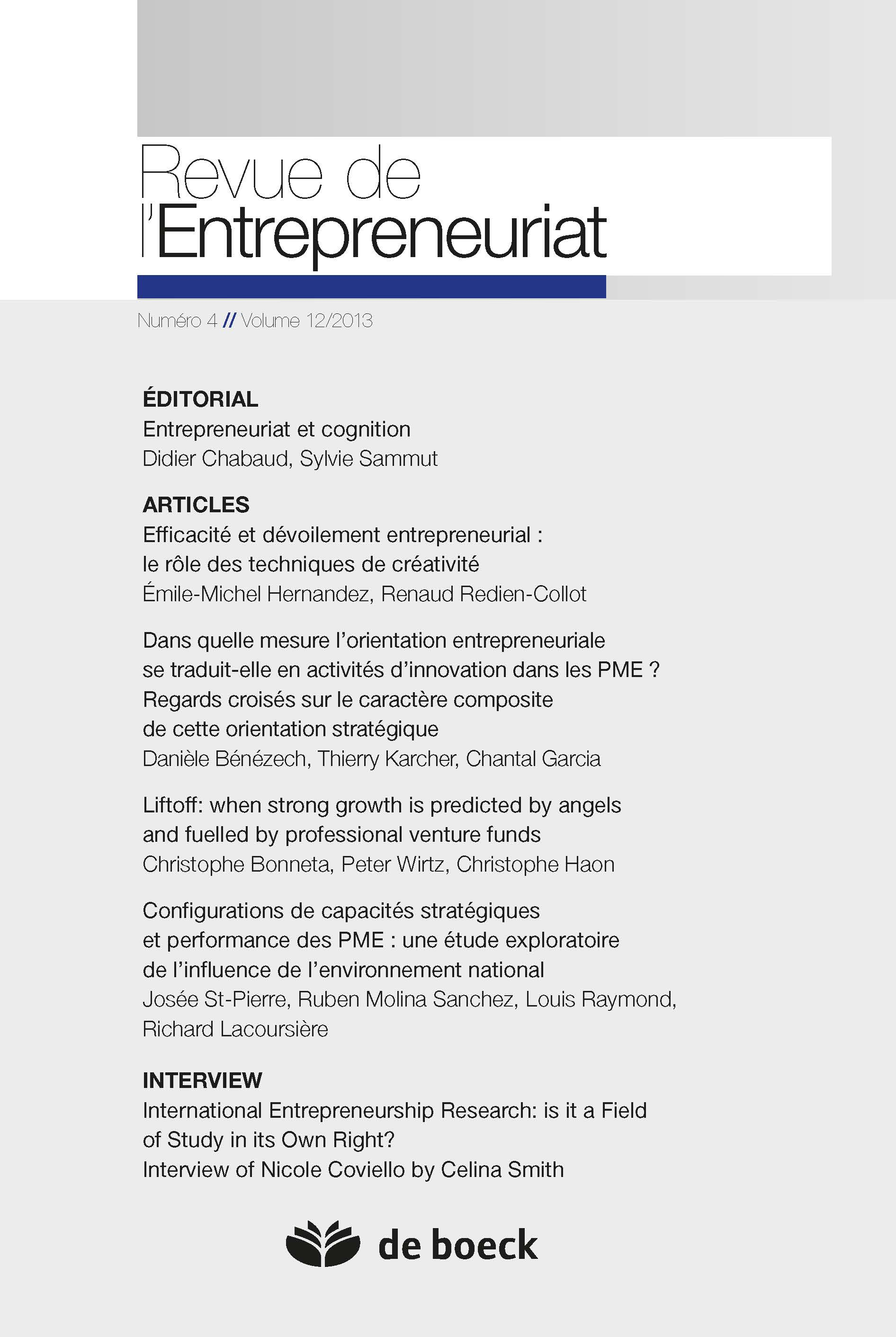 REVUE DE L'ENTREPRENEURIAT 2013/4 VOLUME 12