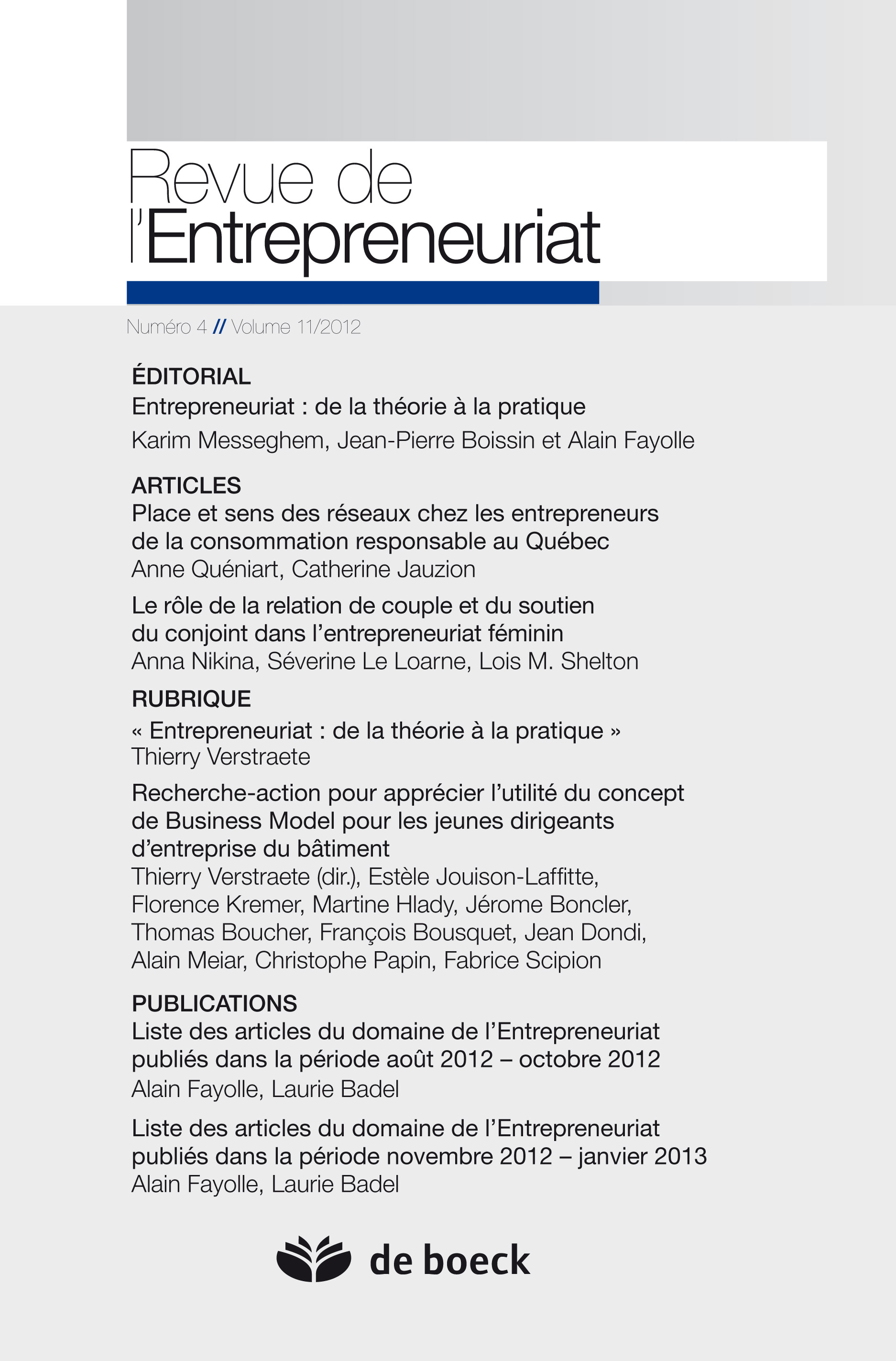 REVUE DE L'ENTREPRENEURIAT 2012/4 VOLUME 11