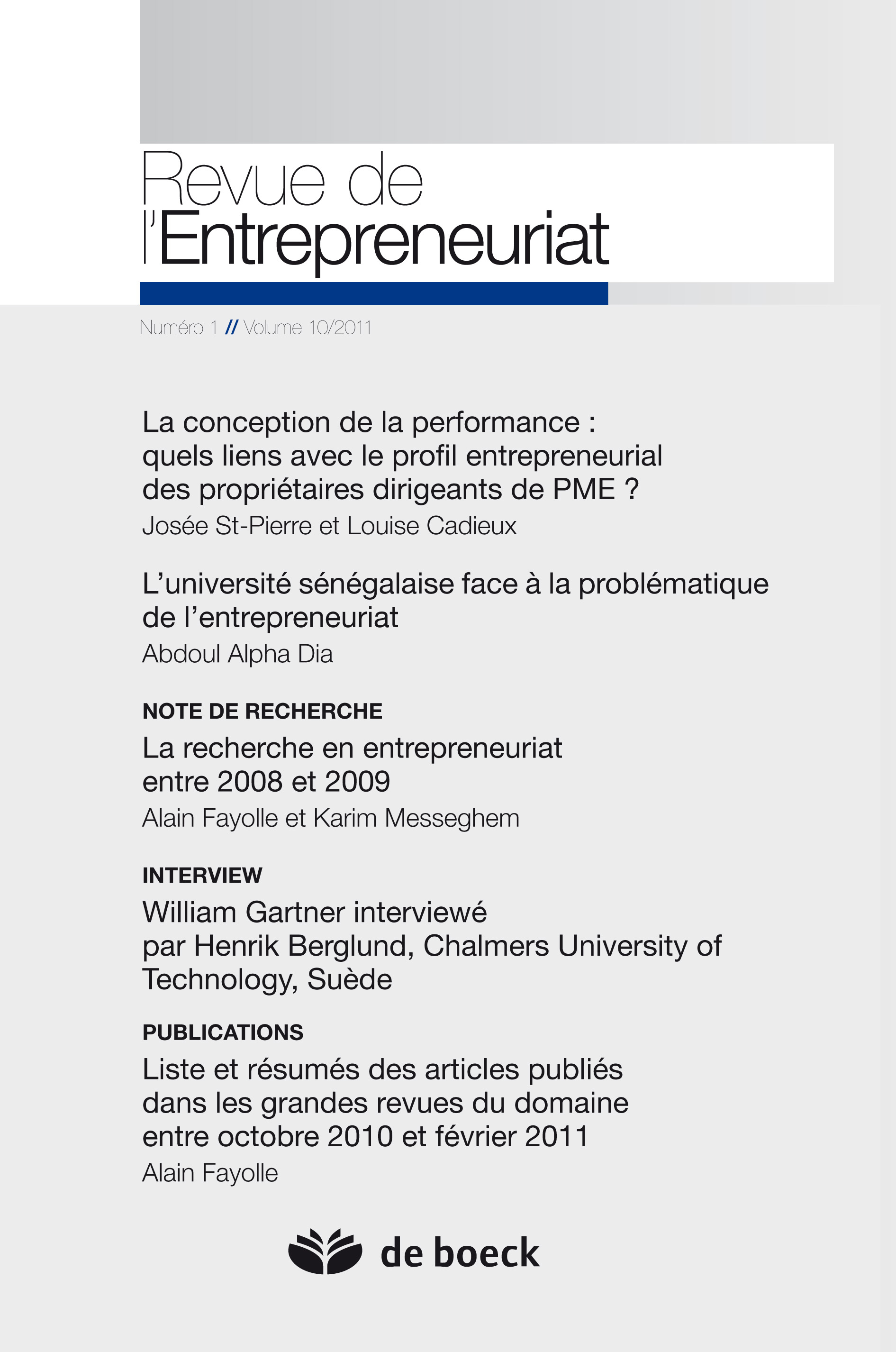 REVUE DE L'ENTREPRENEURIAT 2011/1 VOLUME 10