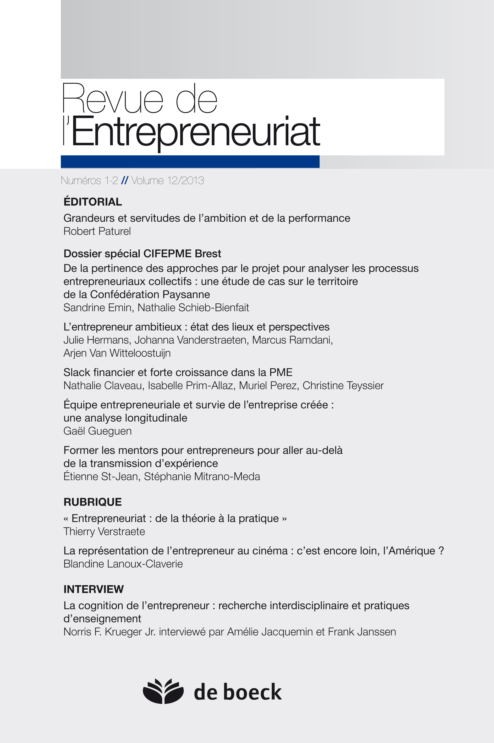 REVUE DE L'ENTREPRENEURIAT 2013/1-2 VOLUME 12