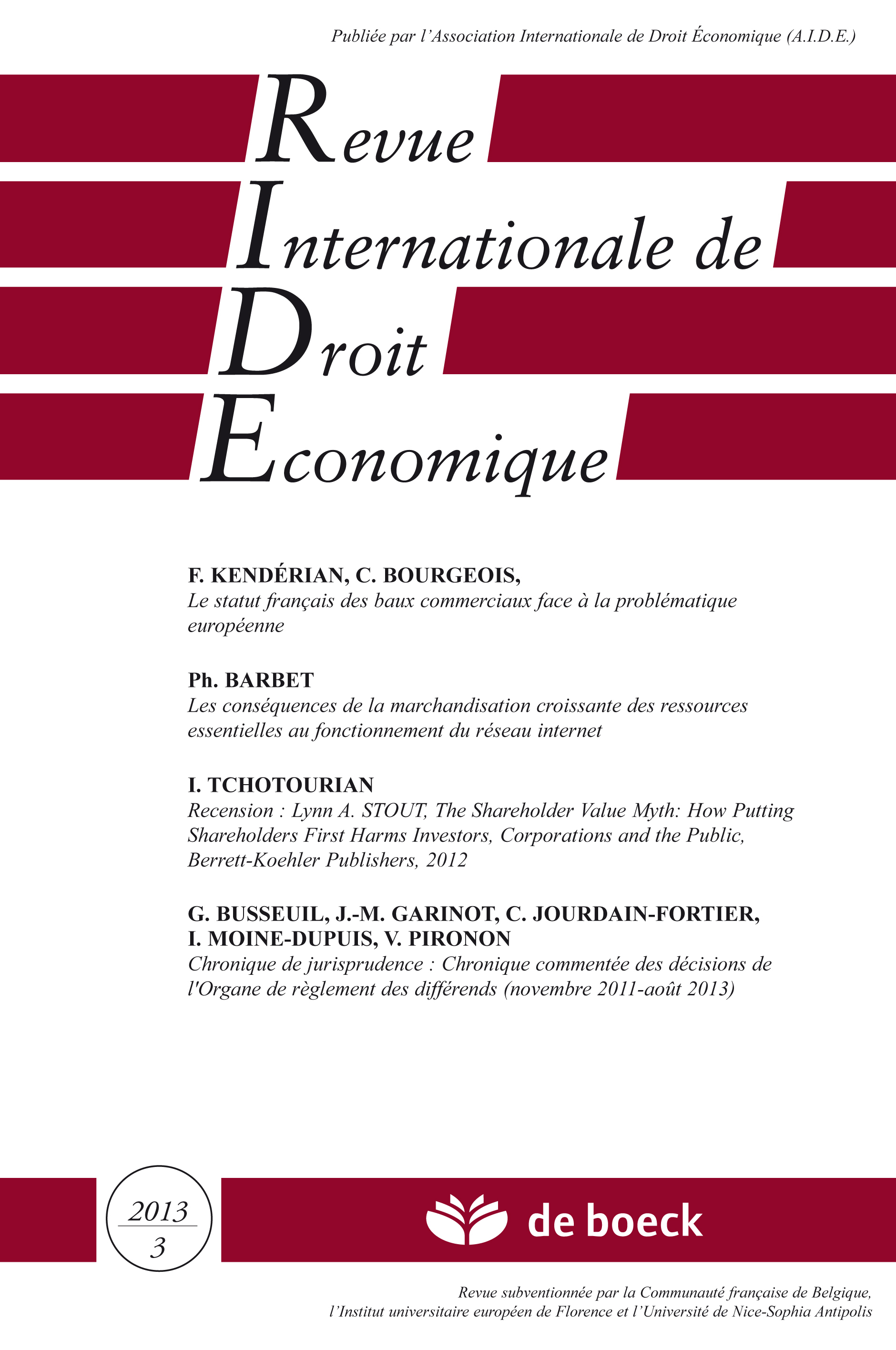 REVUE INTERNATIONALE DE DROIT ECONOMIQUE 2013/3
