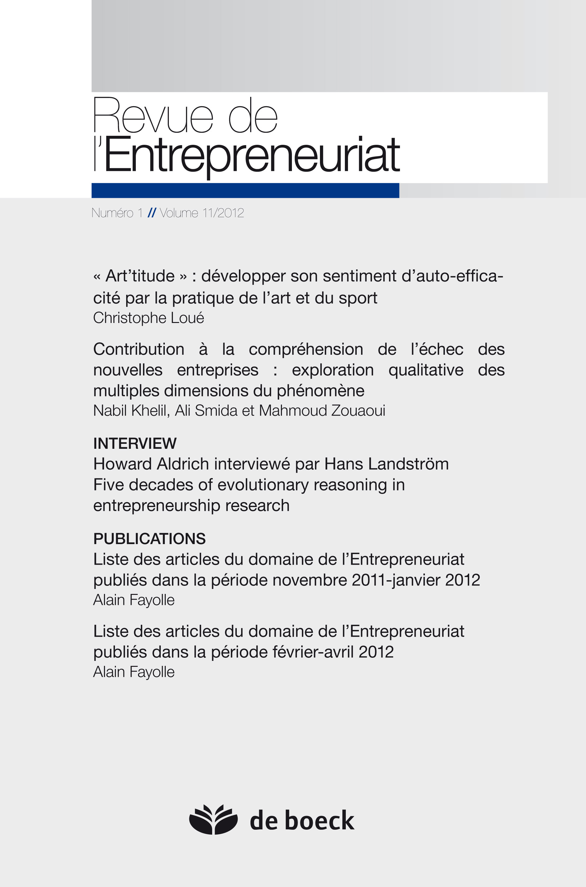REVUE DE L'ENTREPRENEURIAT 2012/1 VOLUME 11