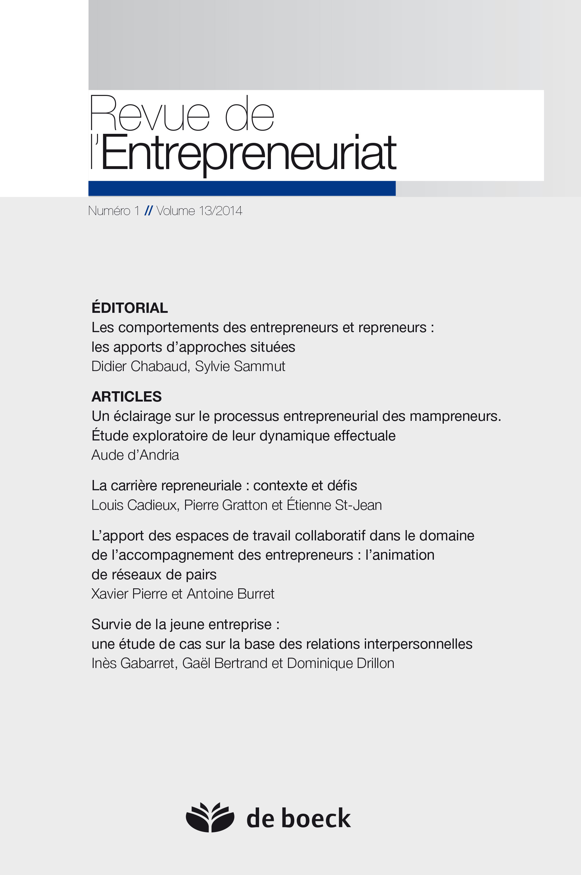 REVUE DE L'ENTREPRENEURIAT NUMERO 1 VOLUME 13/2014