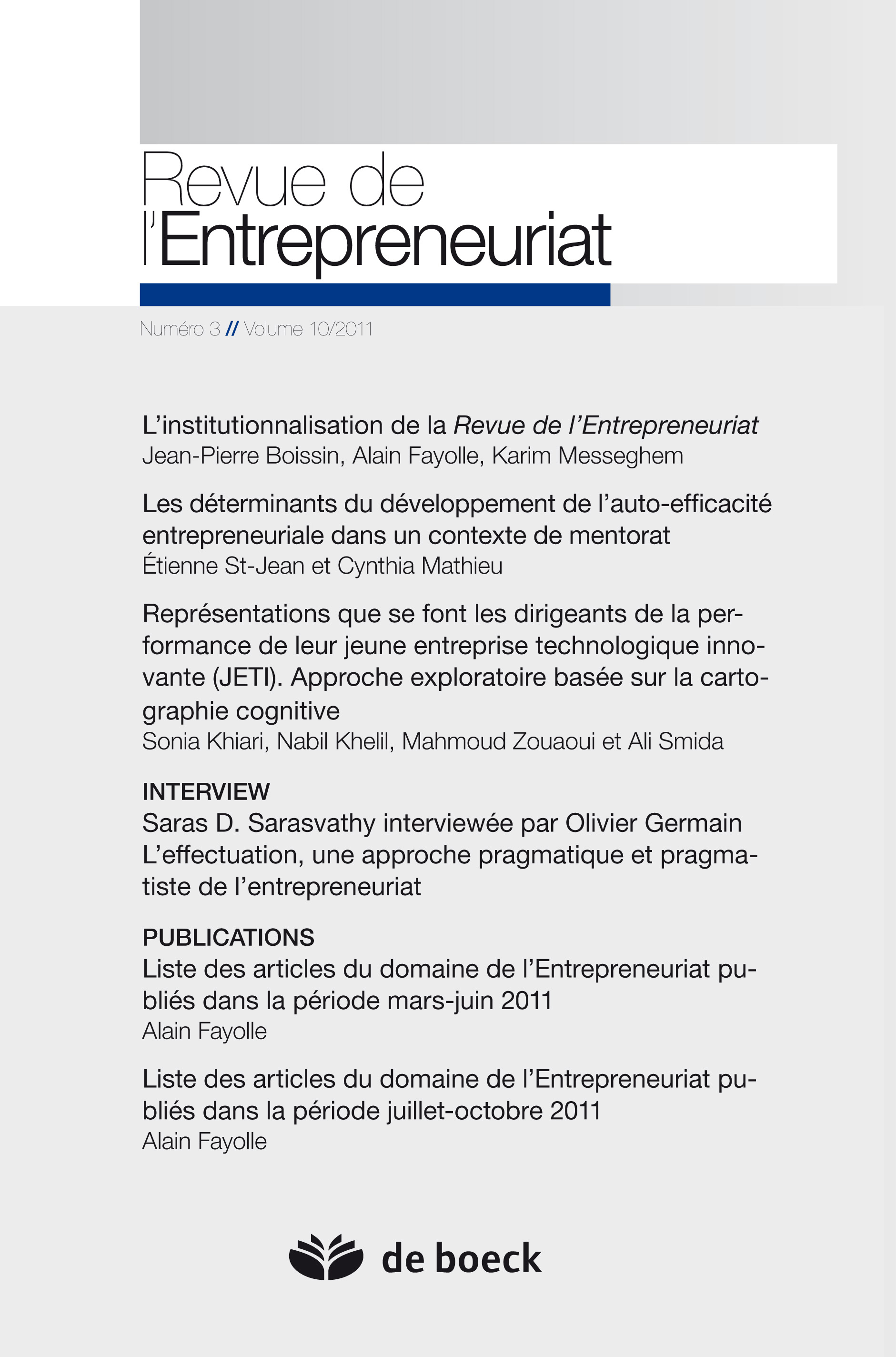 REVUE DE L'ENTREPRENEURIAT 2011/3 VOLUME 10