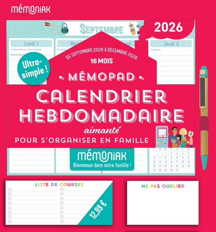 bloc aimanté 2026 Mémopad calendrier hebdomadaire, sept. 2025-déc. 2026, organisation familiale