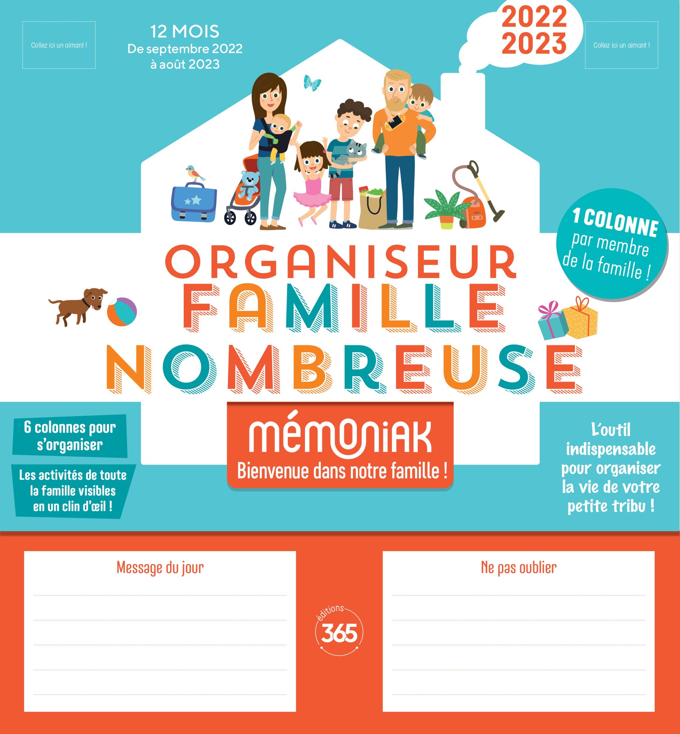 Organiseur familial Mémoniak spécial famille nombreuse, calendrier mensuel 6 colonnes, 12 mois