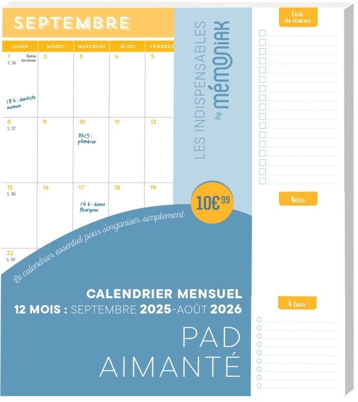 Pad aimanté calendrier mensuel sept. 2025-août 2026, mini prix mini place