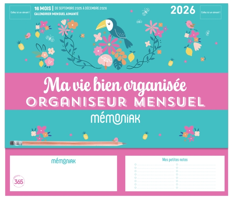 Mini-organiseur Mémoniak Ma vie bien organisée, calendrier mensuel sept. 2025- déc. 2026