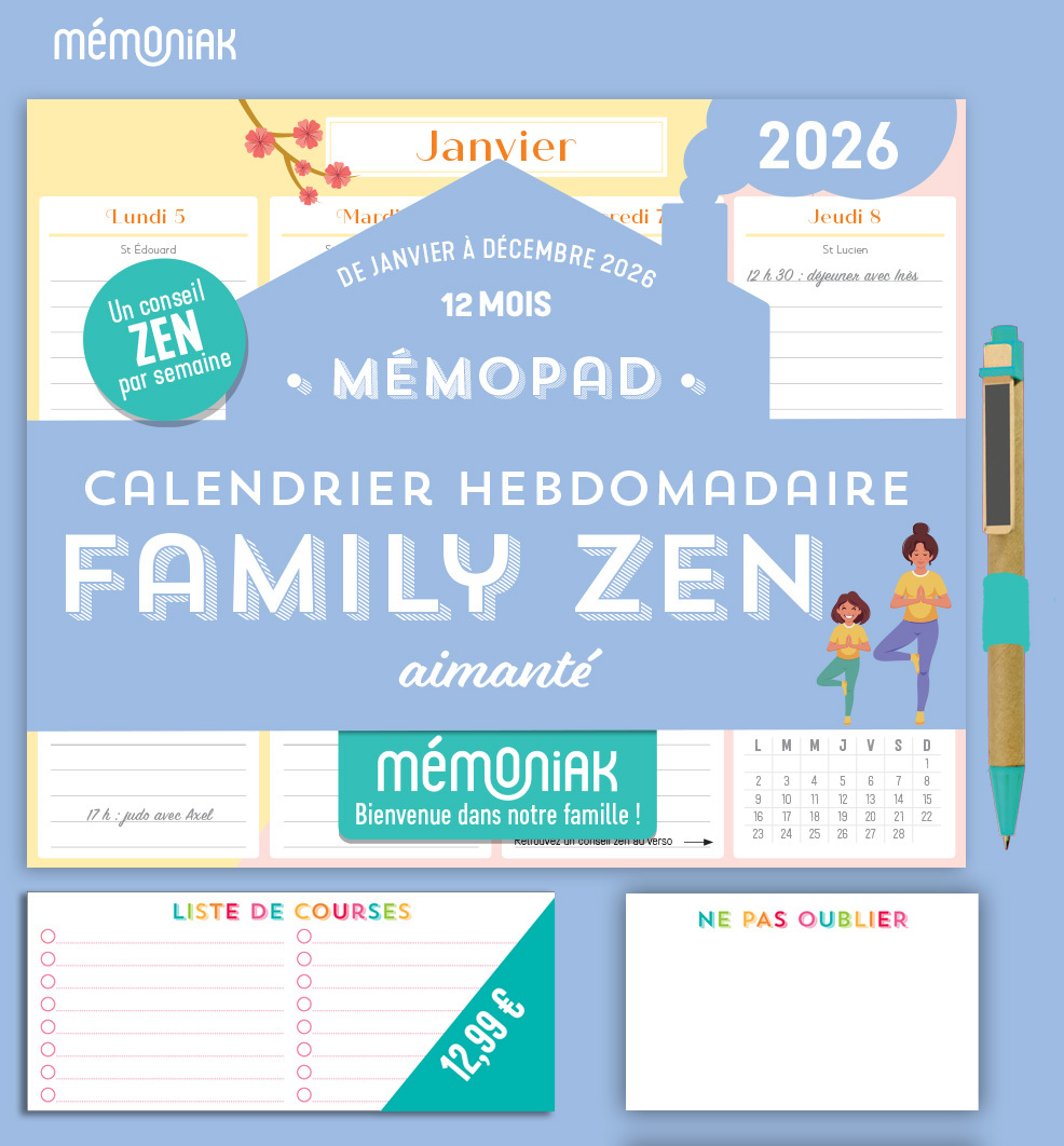 Mémopad   Calendrier hebdomadaire aimanté Mémoniak Family Zen 2026 12 mois