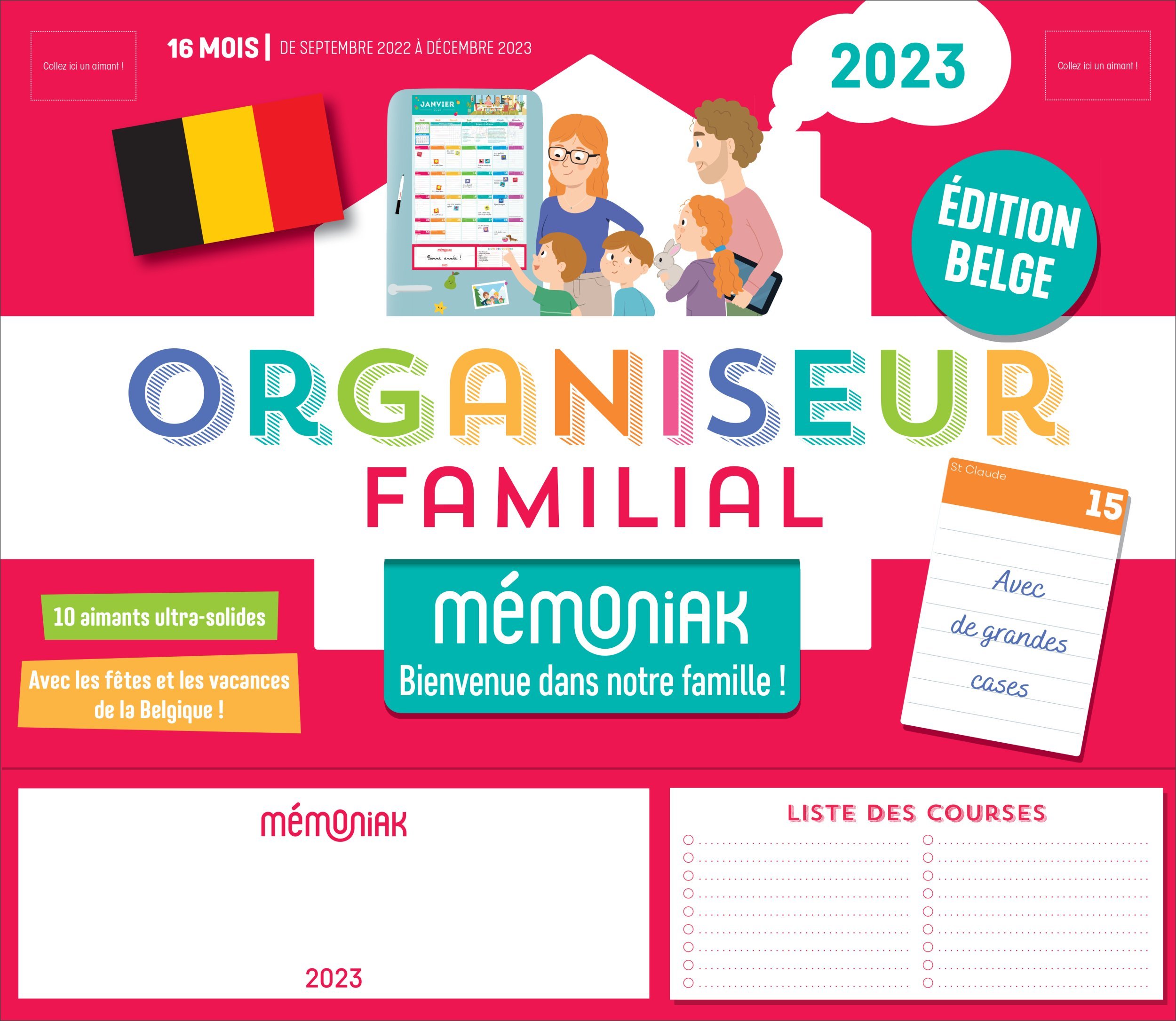 Organiseur familial Mémoniak spécial Belgique,  calendrier mensuel (sept. 2022- déc. 2023)