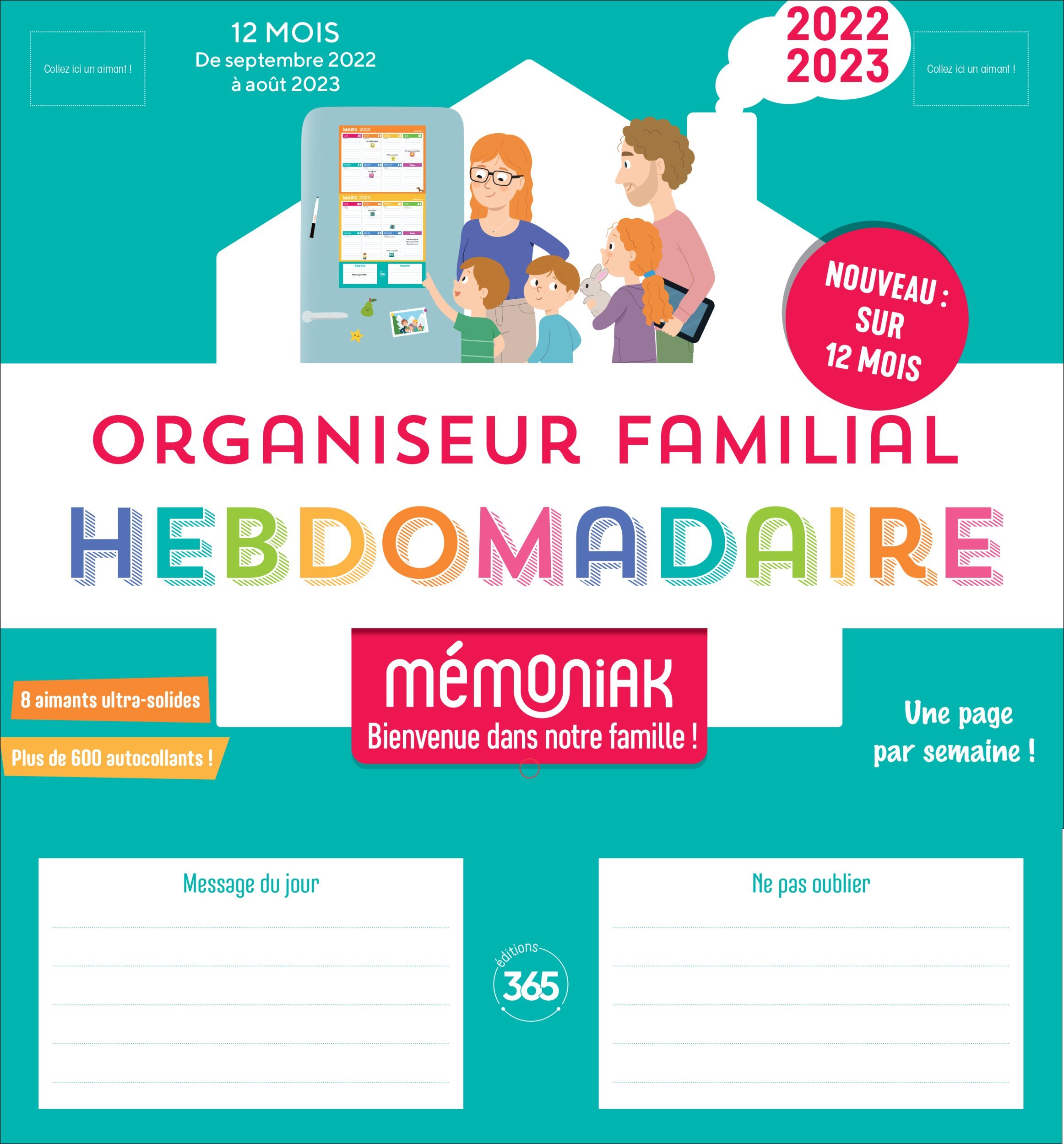 Organiseur familial Mémoniak version hebdomadaire, calendrier 12 mois 1 page par semaine