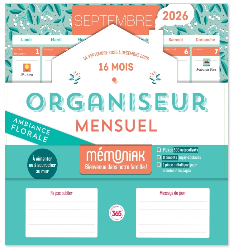 Organiseur calendrier mensuel aimanté sept. 2025-déc 2026 - Ambiance florale
