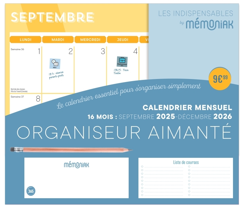 Organiseur aimanté calendrier mensuel sept. 2025-déc. 2026