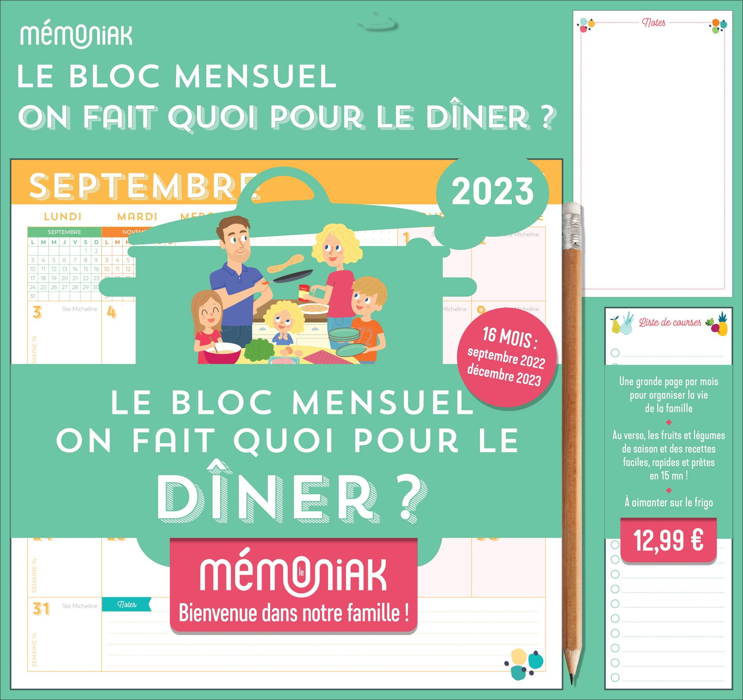 Bloc mensuel organiseur Mémoniak On fait quoi pour le diner, calendrier avec recettes 2023 16 mois