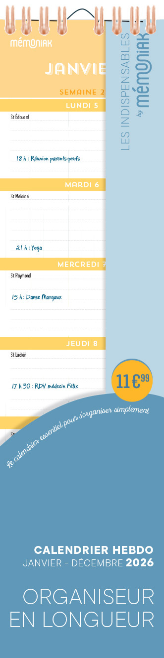 Calendrier hebdomadaire janv-déc 2026 - Organiseur en longueur
