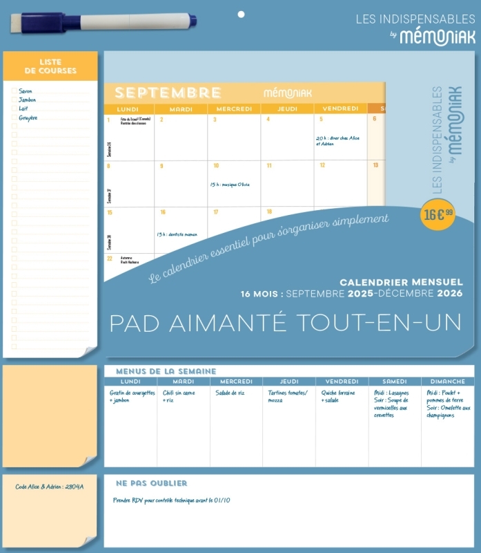 Pad mensuel calendrier aimanté tout-en-un 2026, sept. 2025-déc. 2026, organisation familiale