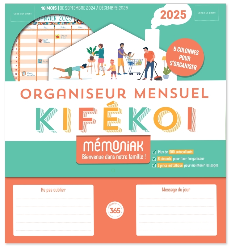 Organiseur Mémoniak Kifékoi, calendrier mensuel en colonnes (sept. 2024- déc. 2025)