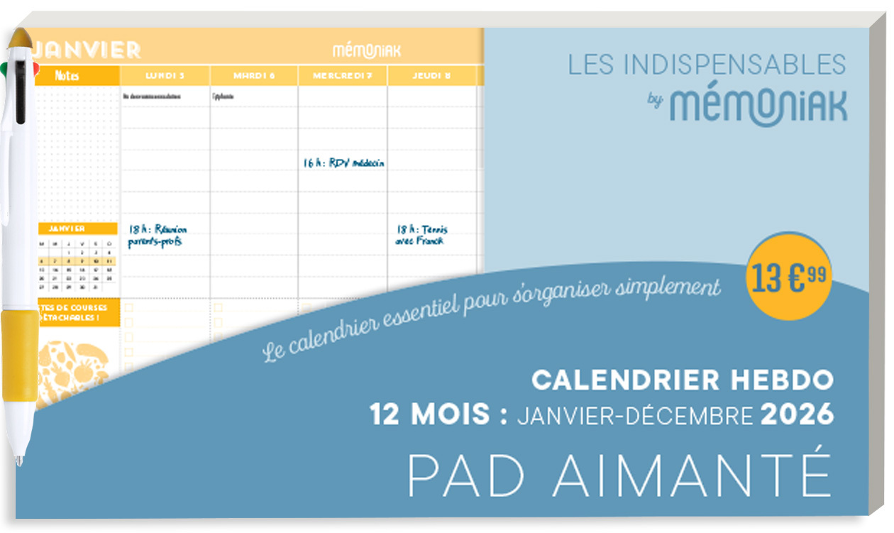 Calendrier hebdomadaire janvier-décembre 2026 - Pad aimanté avec stylo 4 couleurs