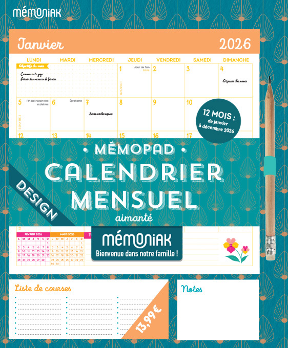 Mémopad Calendrier mensuel aimanté 2026 - Design (12 mois)