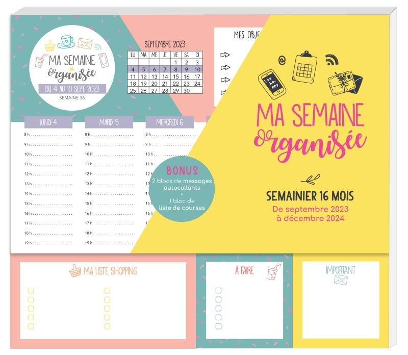 Ma semaine organisée 2023-2024, 1 page par semaine, 2 blocs post-it + listes de courses