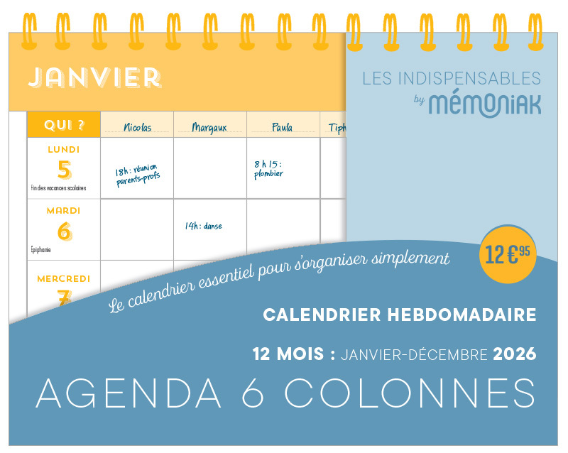 Calendrier hebdomadaire janvier-décembre 2026 - Agenda 6 colonnes