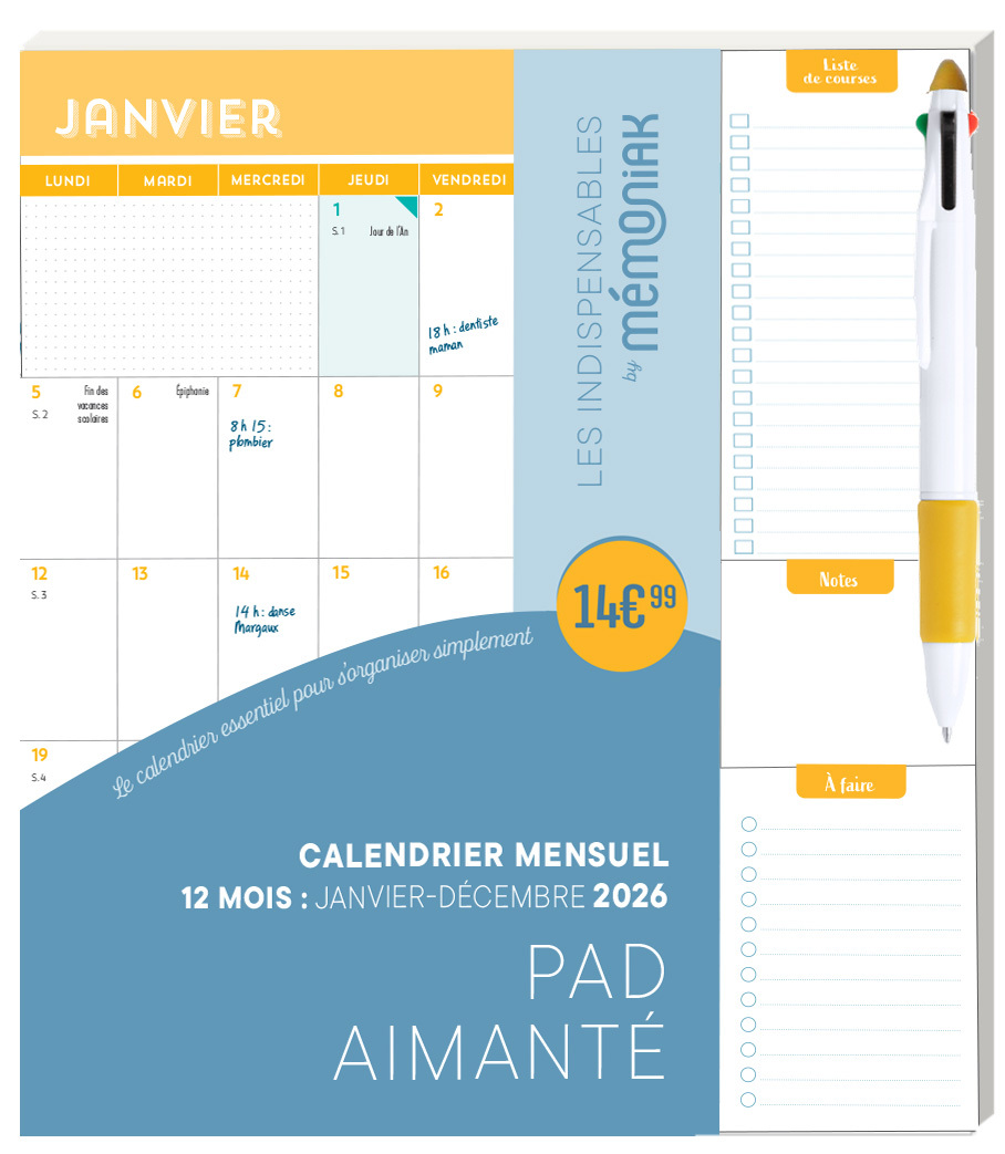 Calendrier mensuel janv-déc 2026 - Pad aimanté avec stylo 4 couleurs