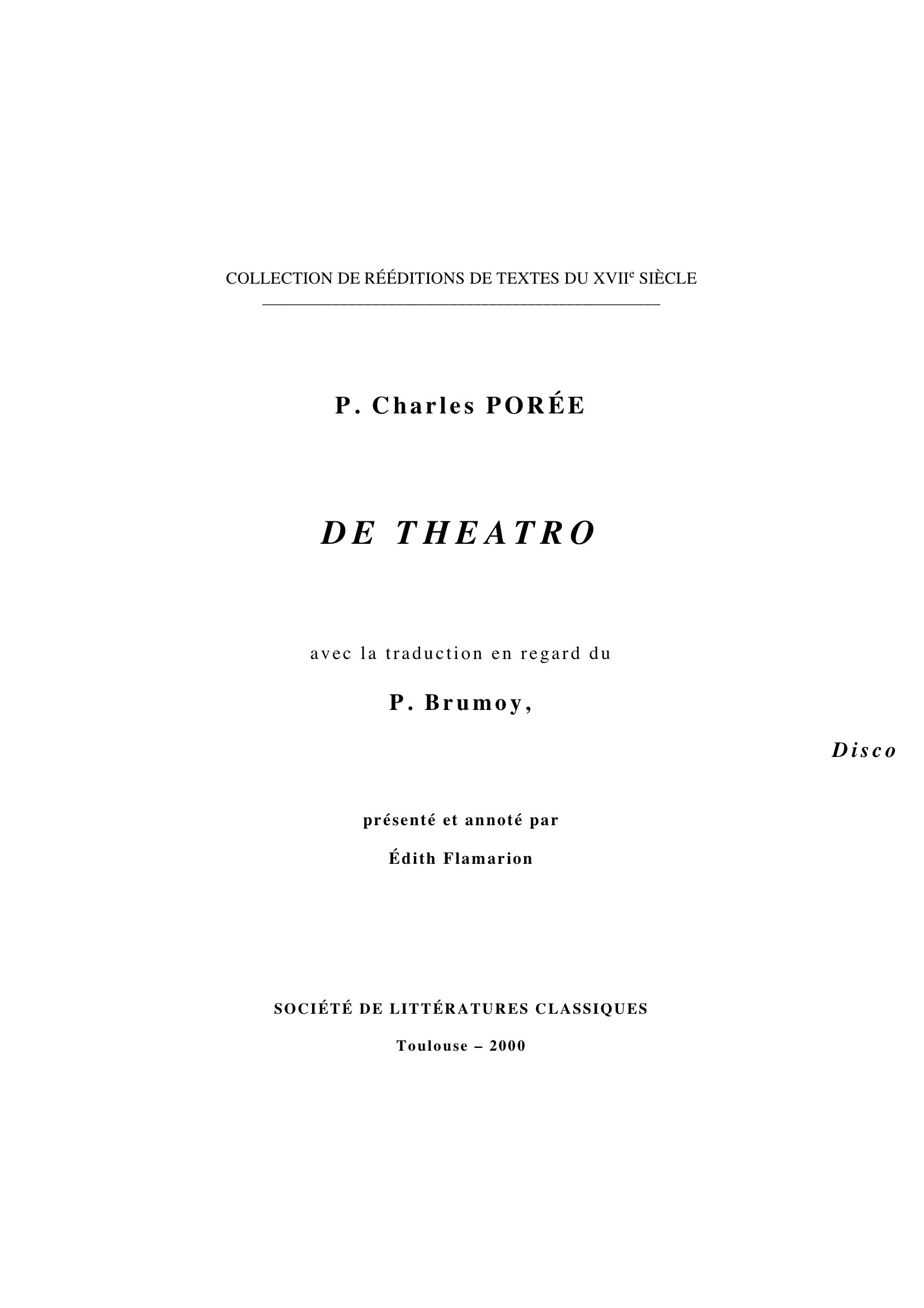 DE THEATRO, DISCOURS SUR LES SPECTACLES (1733)