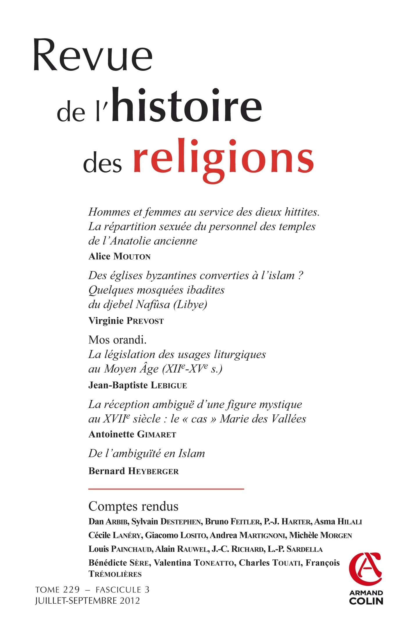 Revue de l'histoire des religions - Tome 229 (3/2012)