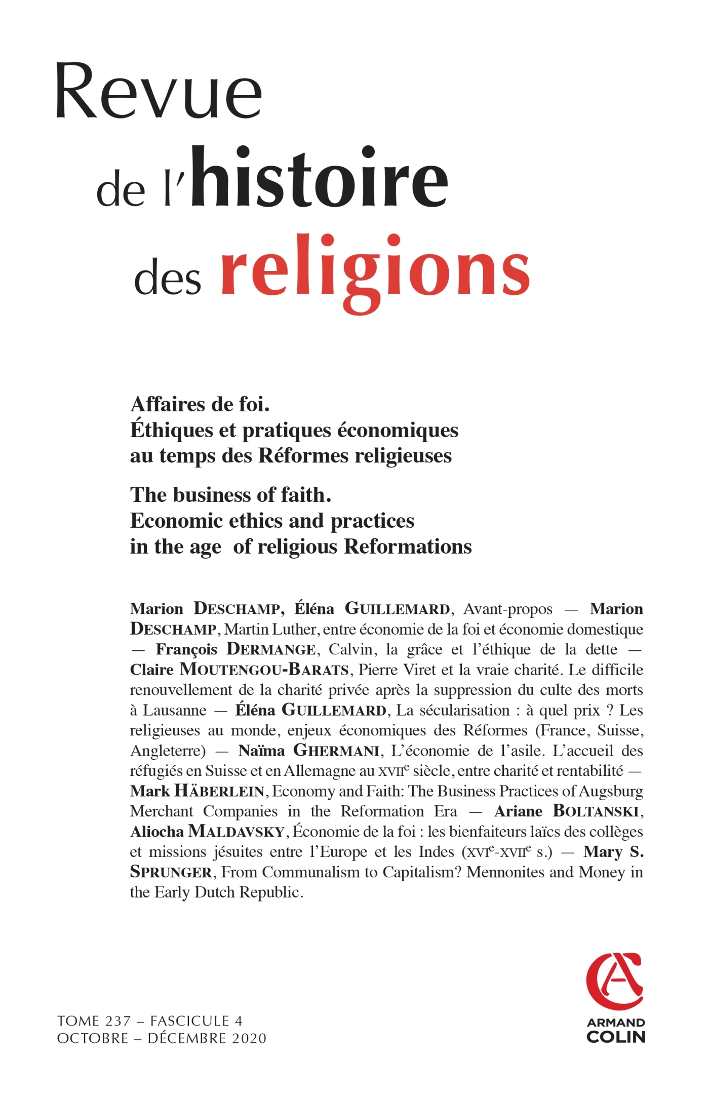 Revue de l'histoire des religions - Nº4/2020 Affaires de foi. Éthiques et pratiques économiques au t