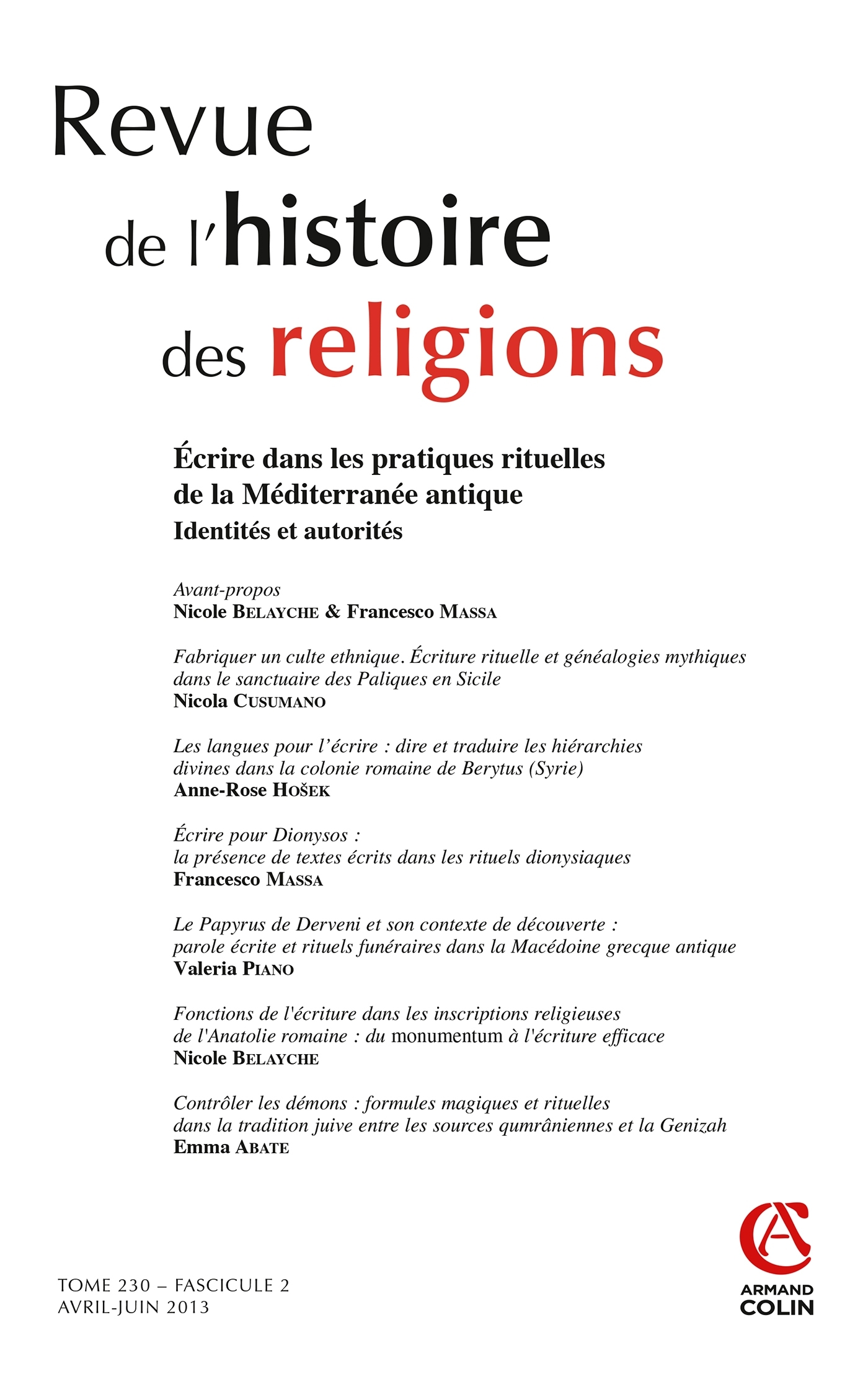 Revue de l'histoire des religions - Tome 230 (2/2013)