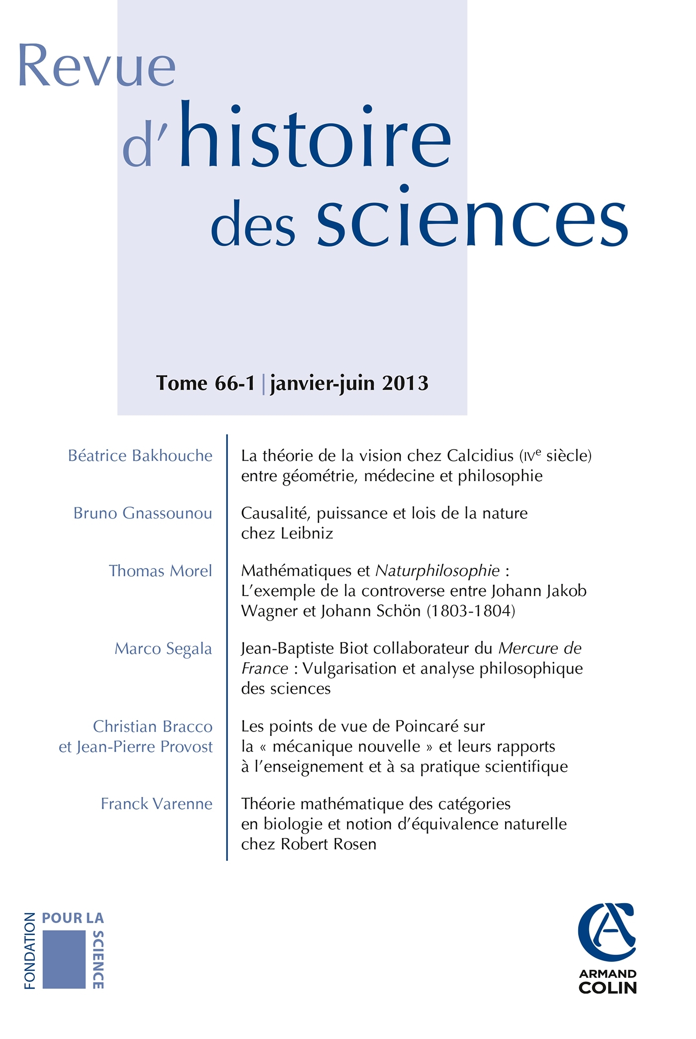 Revue d'histoire des sciences - Tome 66 (1/2013)