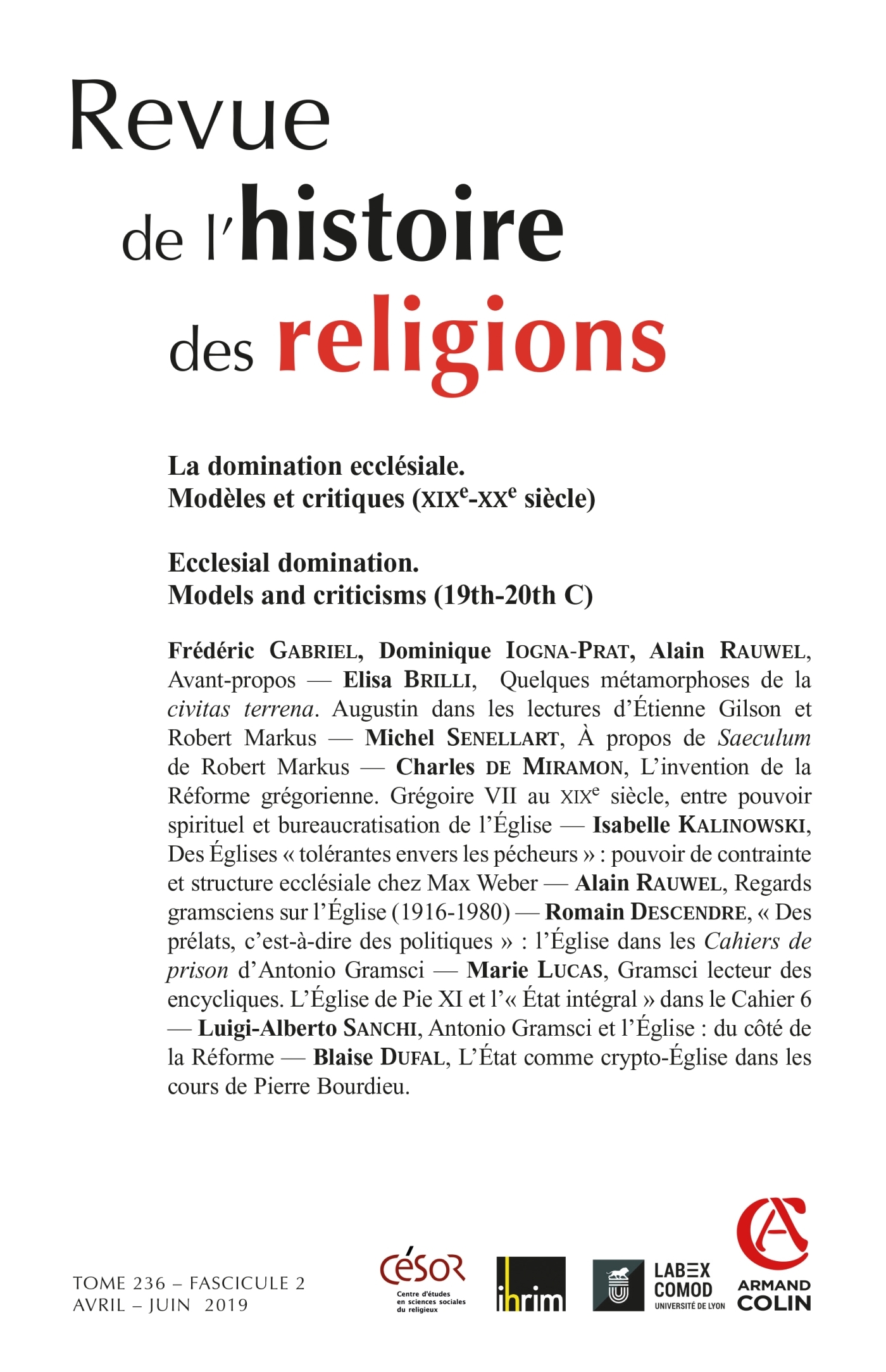 Revue de l'histoire des religions - Nº2/2019 La domination ecclésiale Modèles et critiques (XIXe-XXe