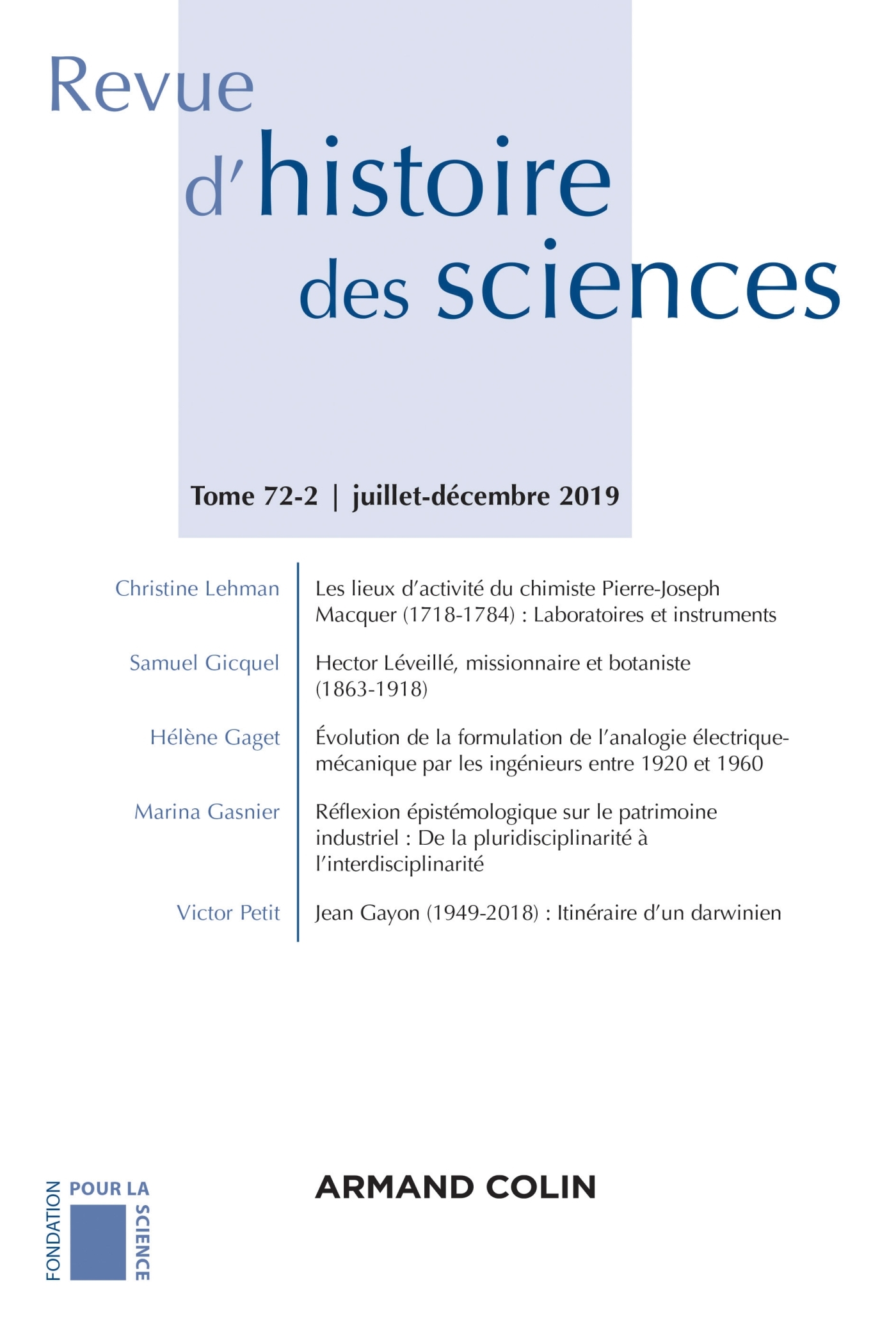 Revue d'histoire des sciences 2/2019 Varia