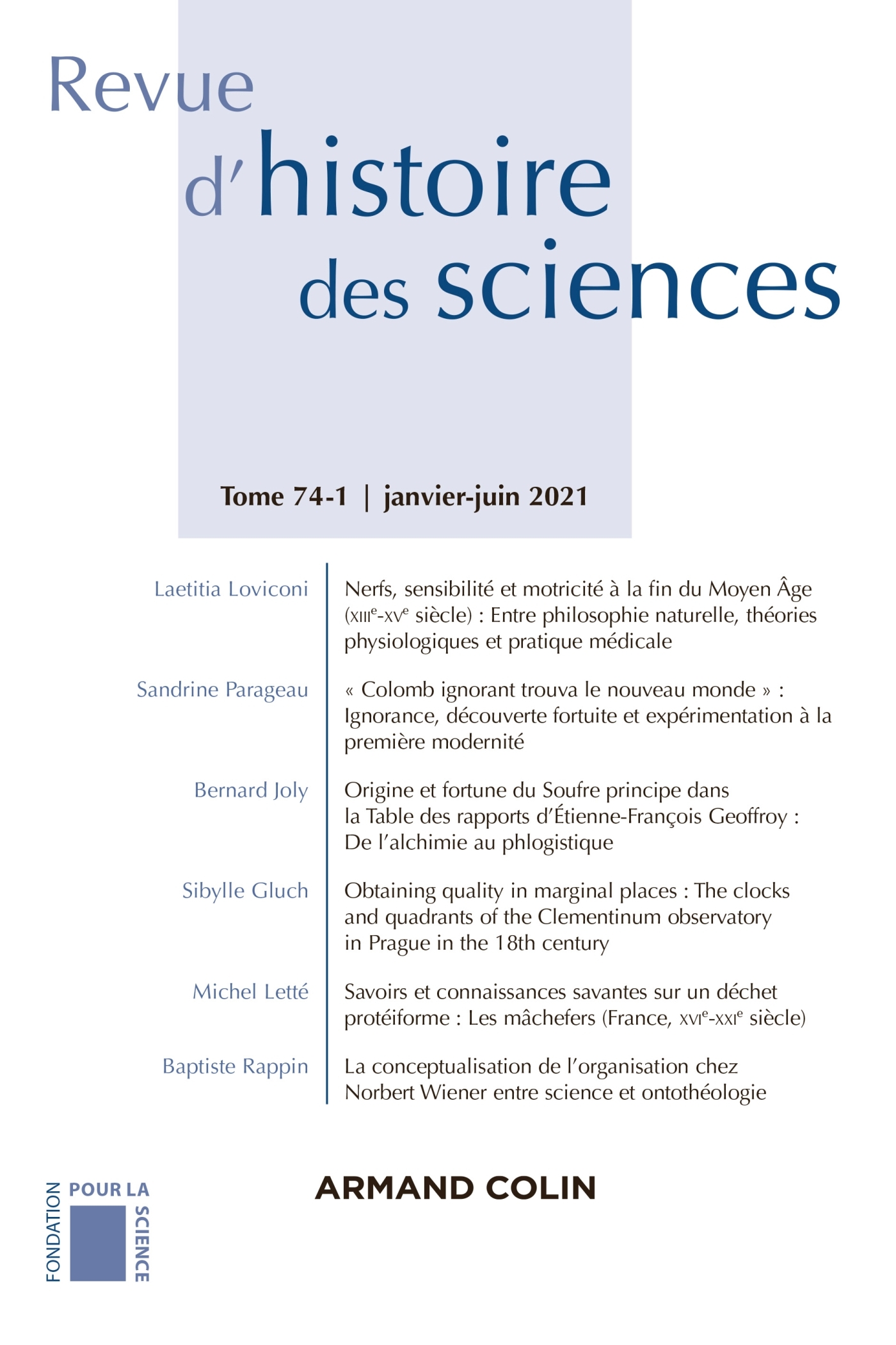 Revue d'histoire des sciences 1/2021 Varia