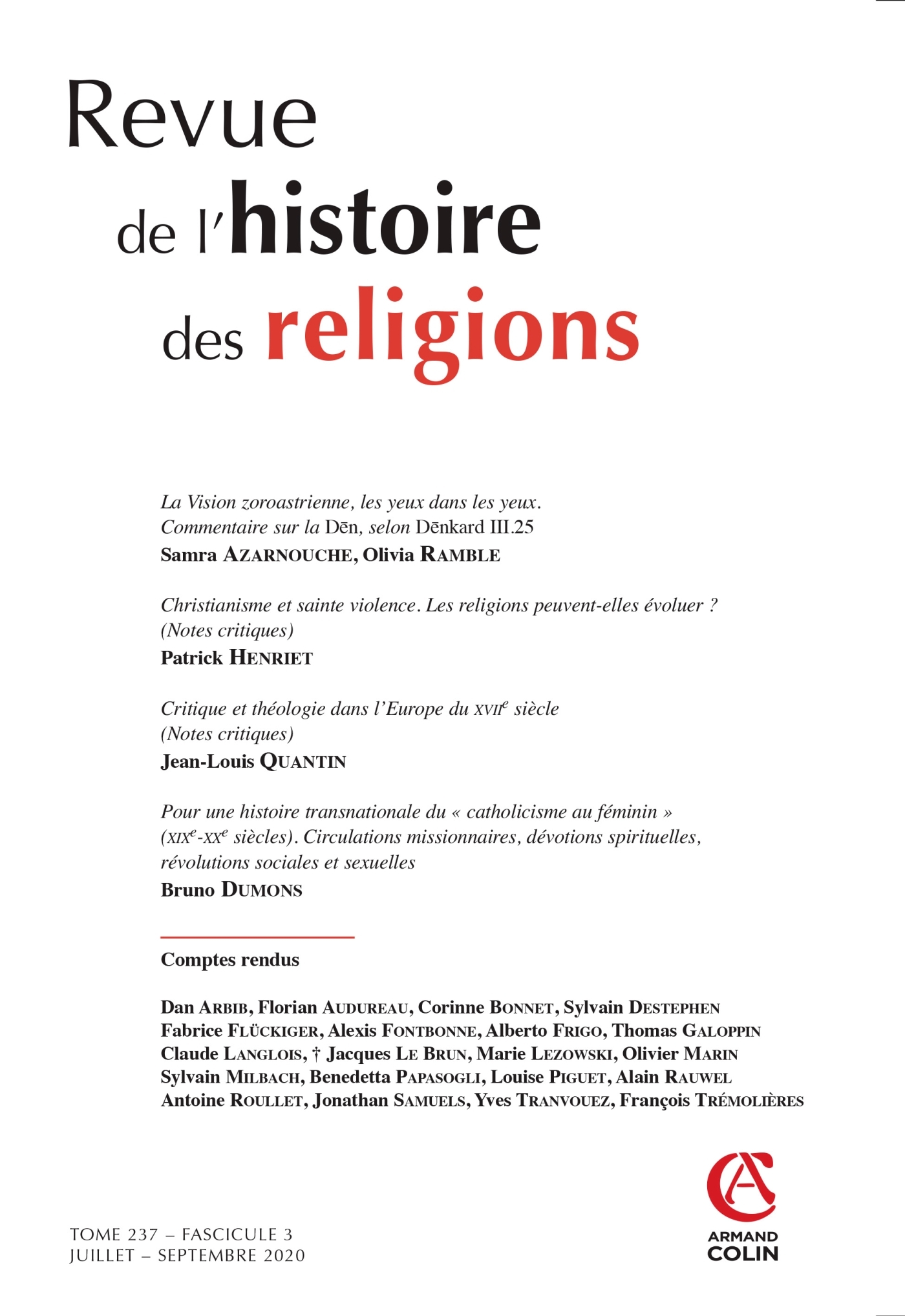 Revue de l'histoire des religions - Nº3/2020 - Varia