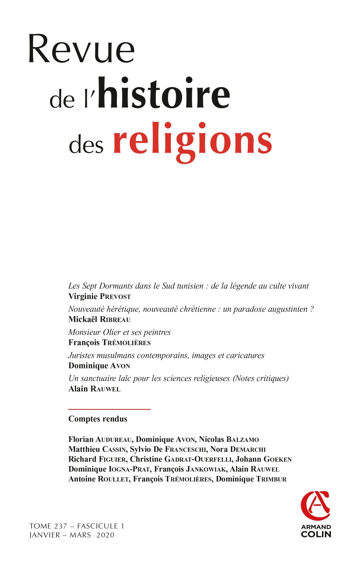 Revue de l'histoire des religions - Nº1/2020 Varia